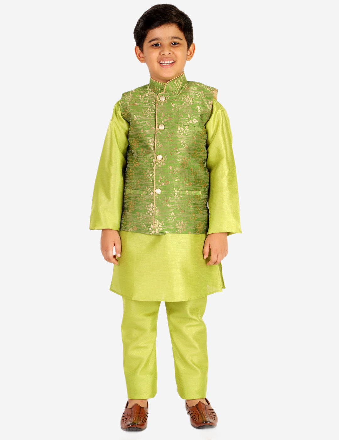 Pro Ethic Boys Kurta Pajama & Waistcoat Set Silk Floral Design Green (S-175)