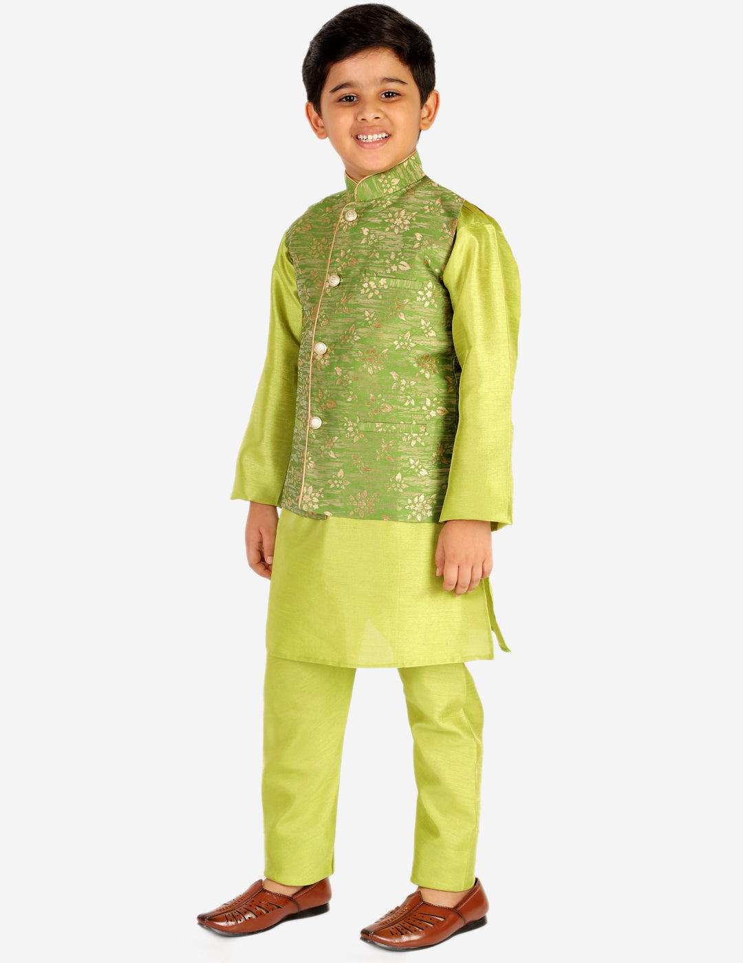 Pro Ethic Boys Kurta Pajama & Waistcoat Set Silk Floral Design Green (S-175)