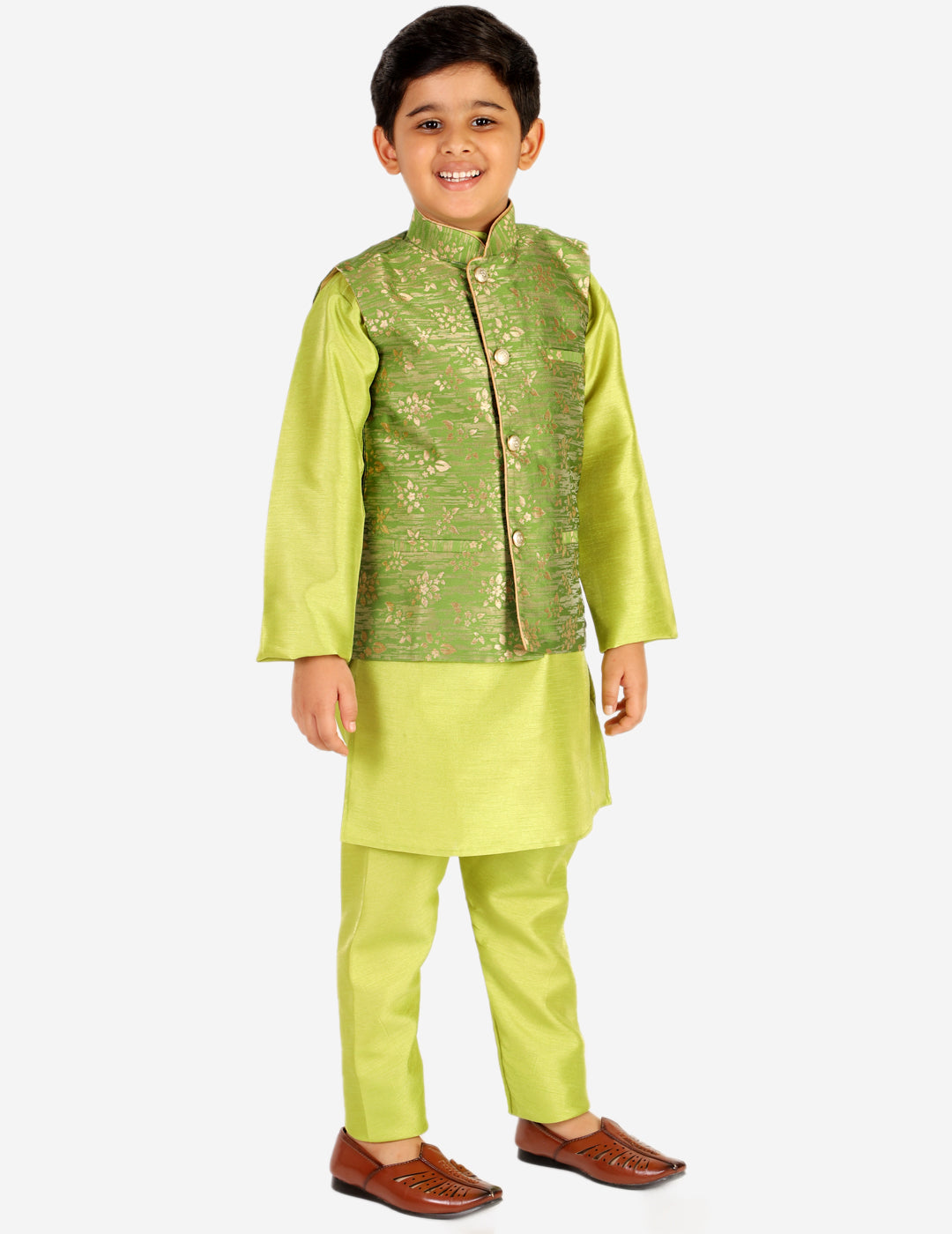 Pro Ethic Boys Kurta Pajama & Waistcoat Set Silk Floral Design Green (S-175)