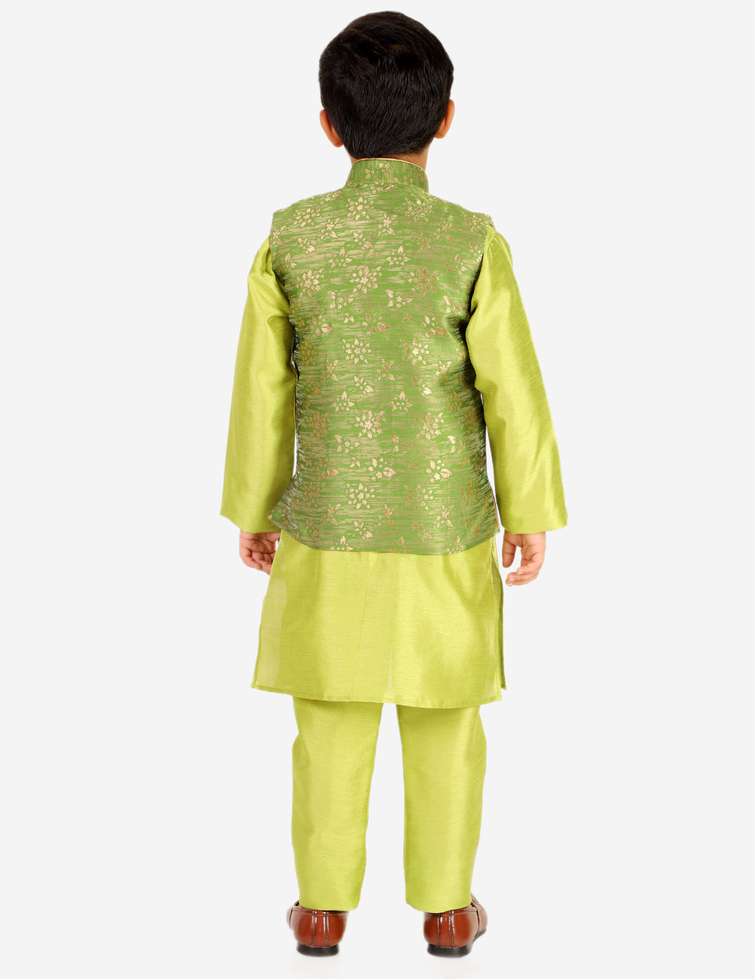 Pro Ethic Boys Kurta Pajama & Waistcoat Set Silk Floral Design Green (S-175)