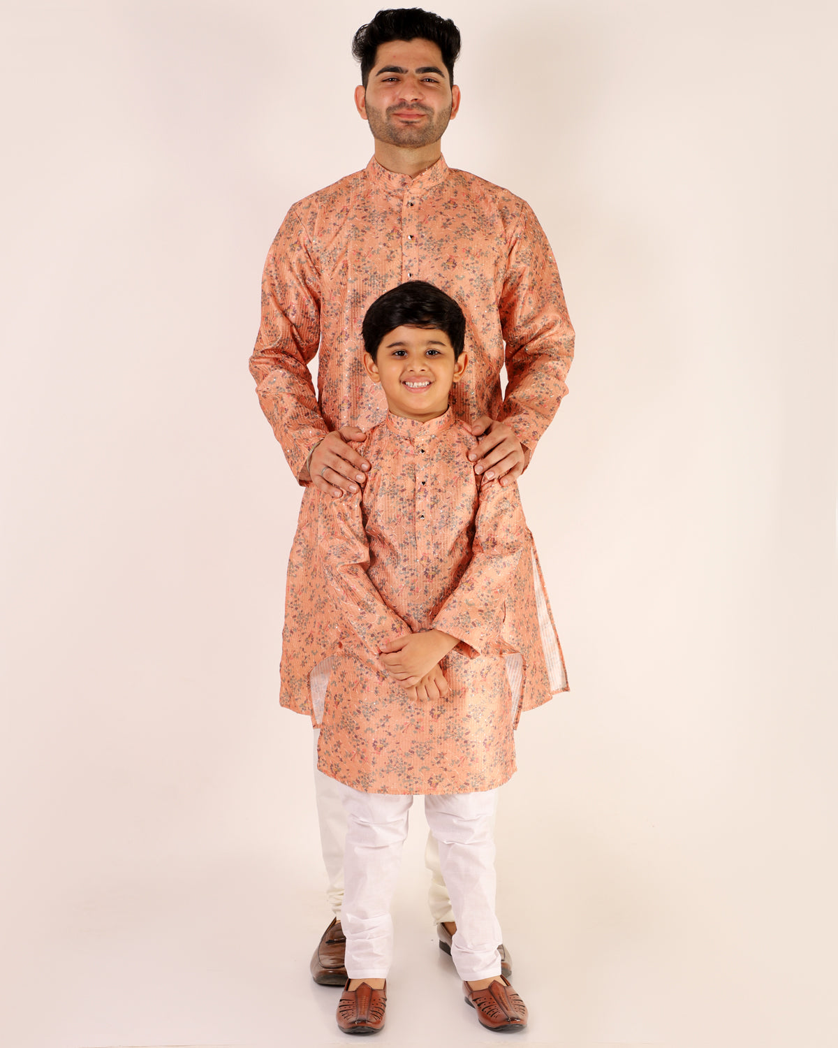 Father Son Kurta Pajama Same Dress Ethnic Wear Light Orange