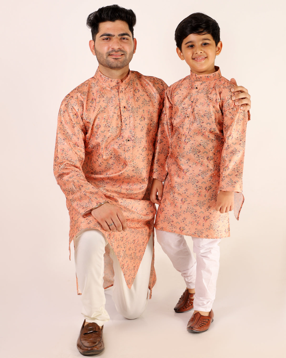 Father Son Kurta Pajama Same Dress Ethnic Wear Light Orange