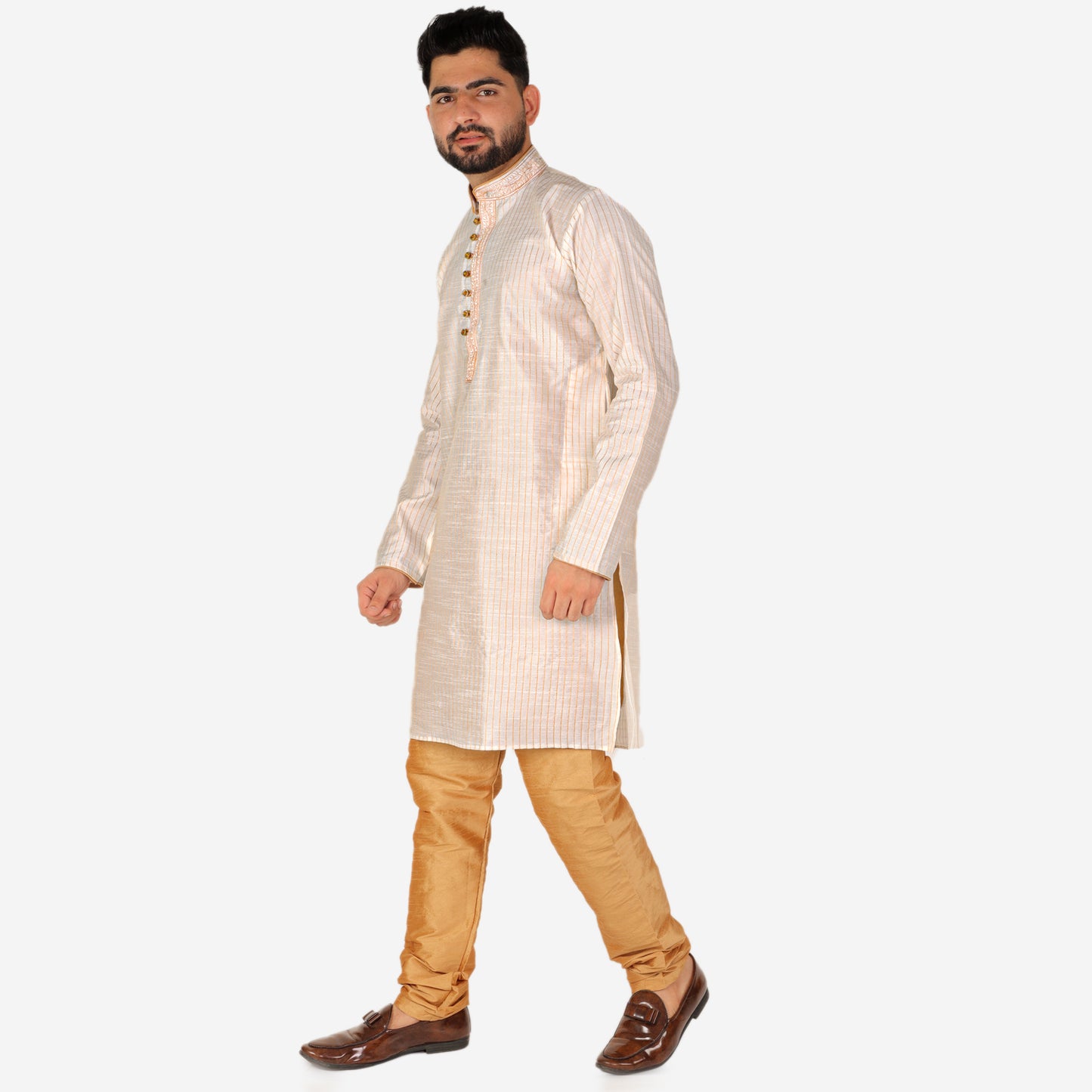 Pro Ethic Men's Silk Kurta Pajama | Mandarin Collar | Cream (A-109)
