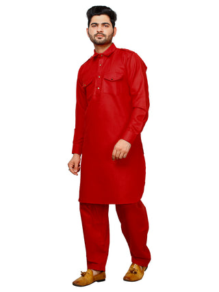Pro Ethic Men's Pathani Kurta pajama set - Solid | Cotton | Red | (A-116)