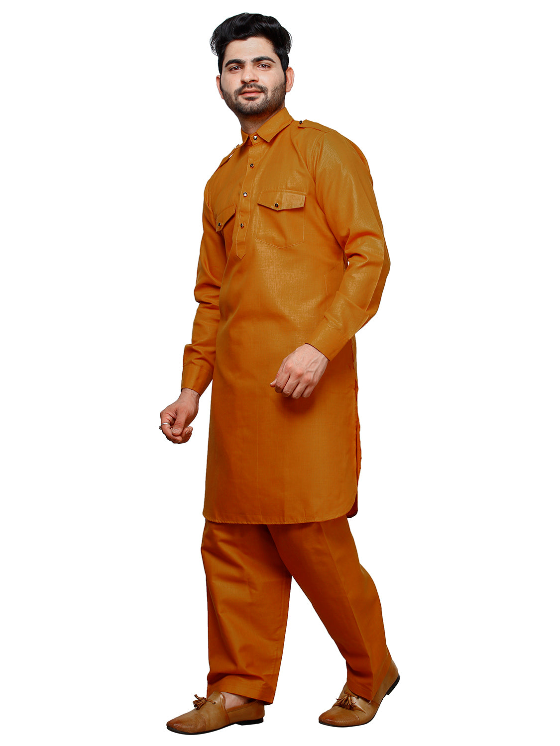 Pro Ethic Men's Pathani Kurta pajama set - Solid | Cotton | Mustard | (A-116)