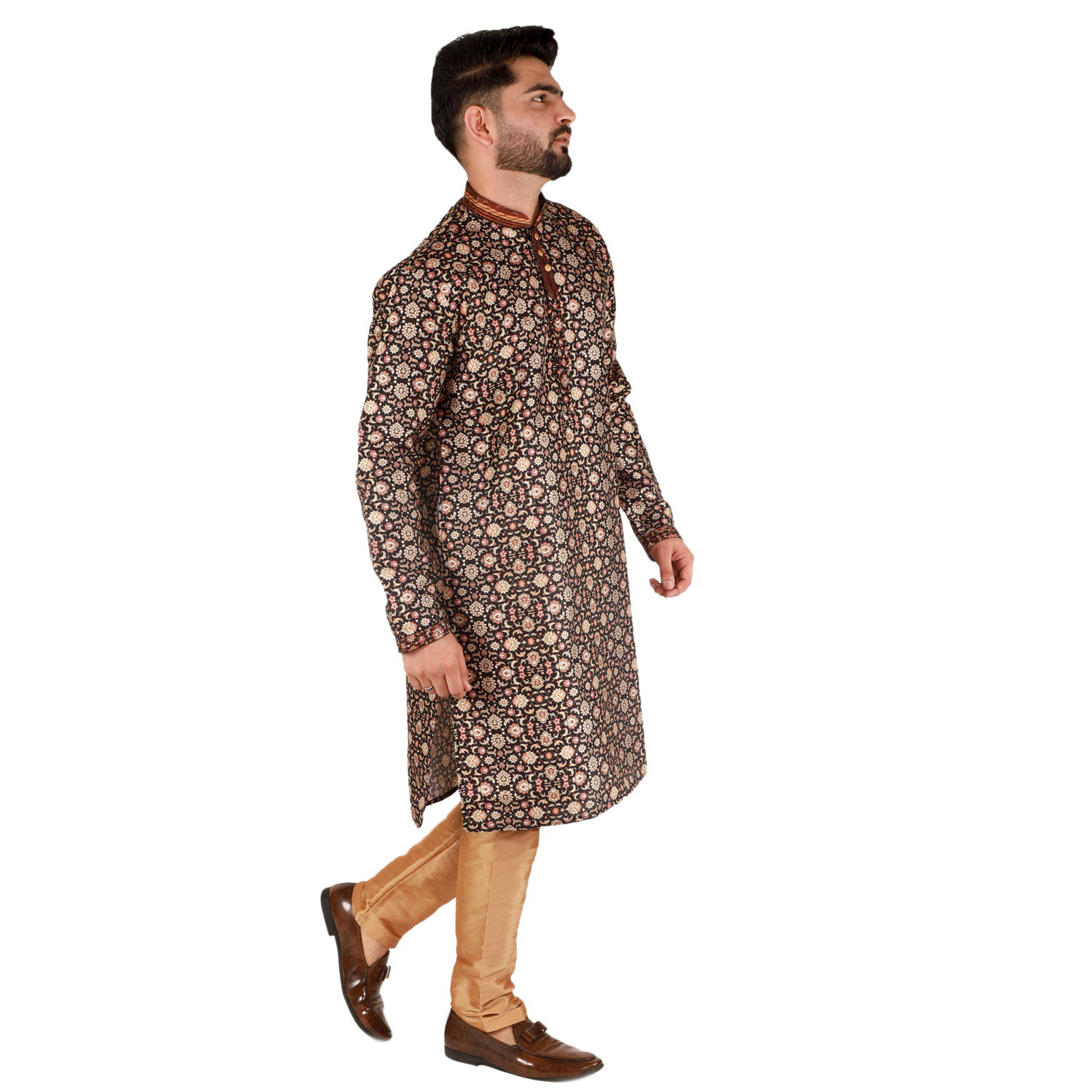 Pro-Ethic Men's Silk Kurta Pajama | Mandarin Collar | Floral Print | Black (A-110) Pro Ethic