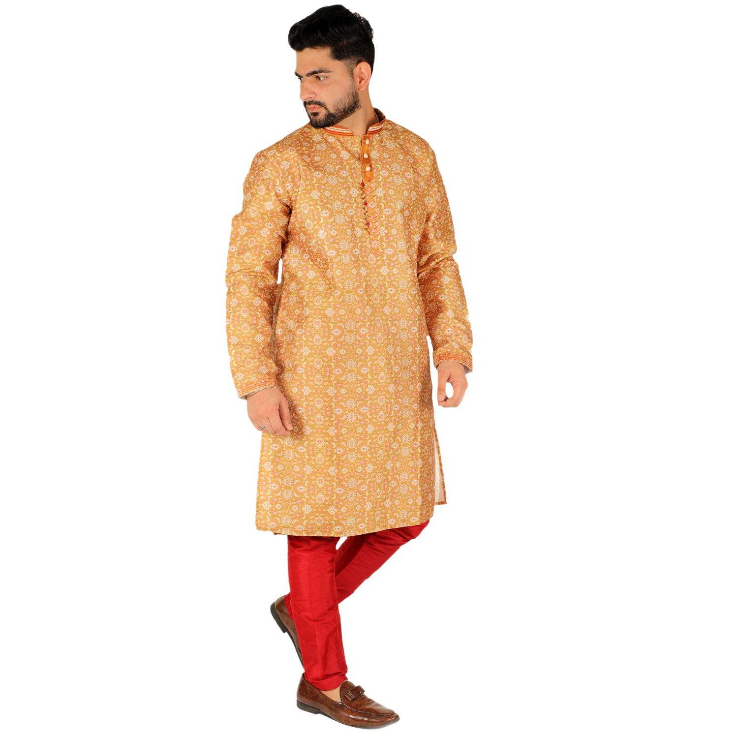 Pro-Ethic Men's Silk Kurta Pajama | Mandarin Collar | Floral Print | Gold (A-110) Pro Ethic