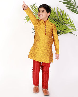 Mustard Boys Ethnic Wear Kurta Pajama Silk Embellished - Pro Ethic