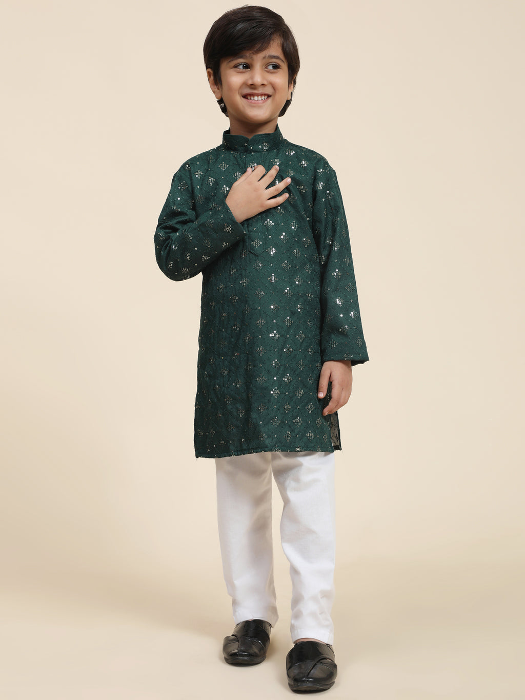 Pro-Ethic Style Developer Boys Cotton Kurta Pajama for Kid's Ethnic Wear | Jacquard Cotton Kurta Pajama (Dark Green)