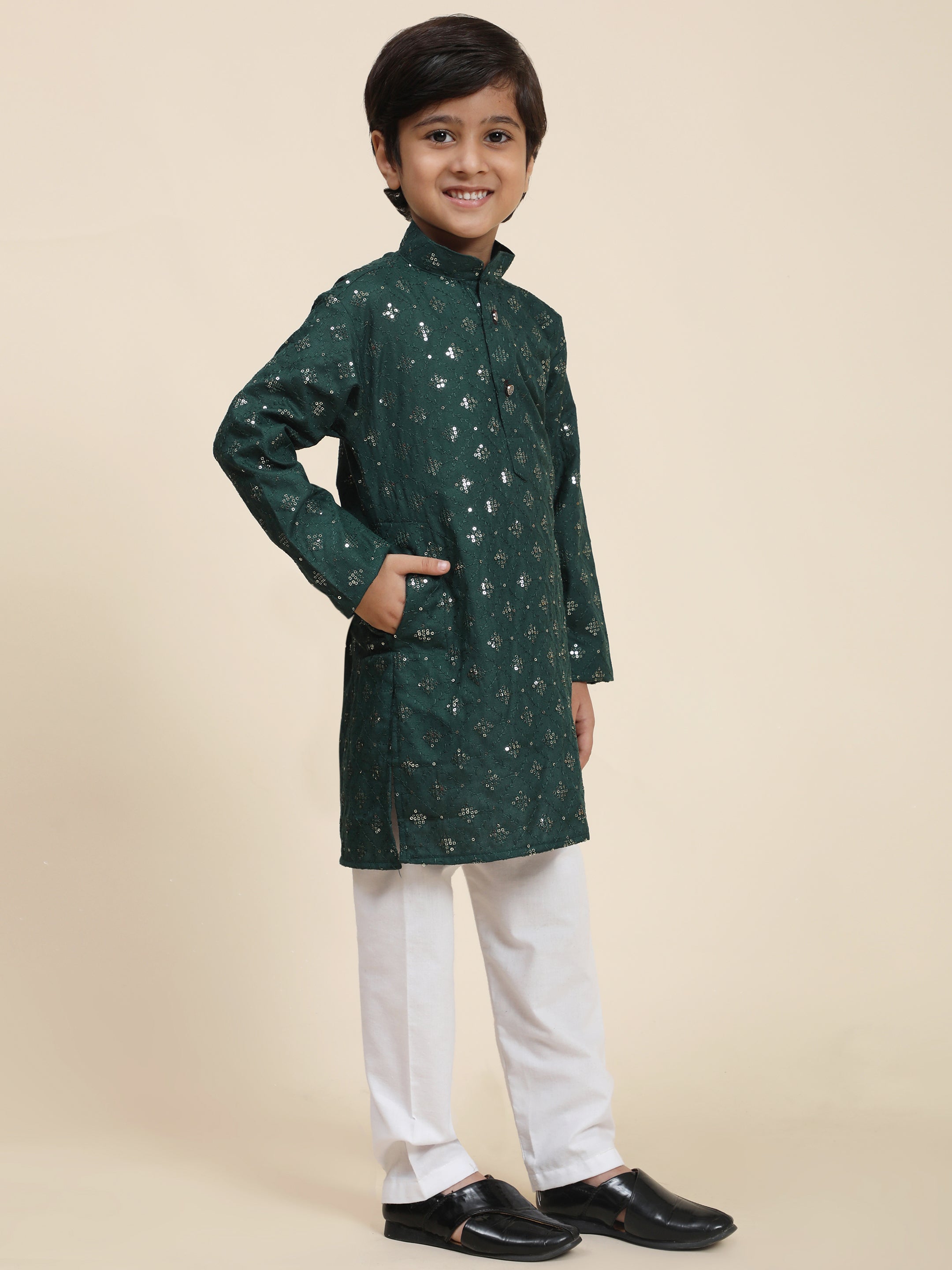 Pro-Ethic Style Developer Boys Cotton Kurta Pajama for Kid's Ethnic Wear | Jacquard Cotton Kurta Pajama (Dark Green)