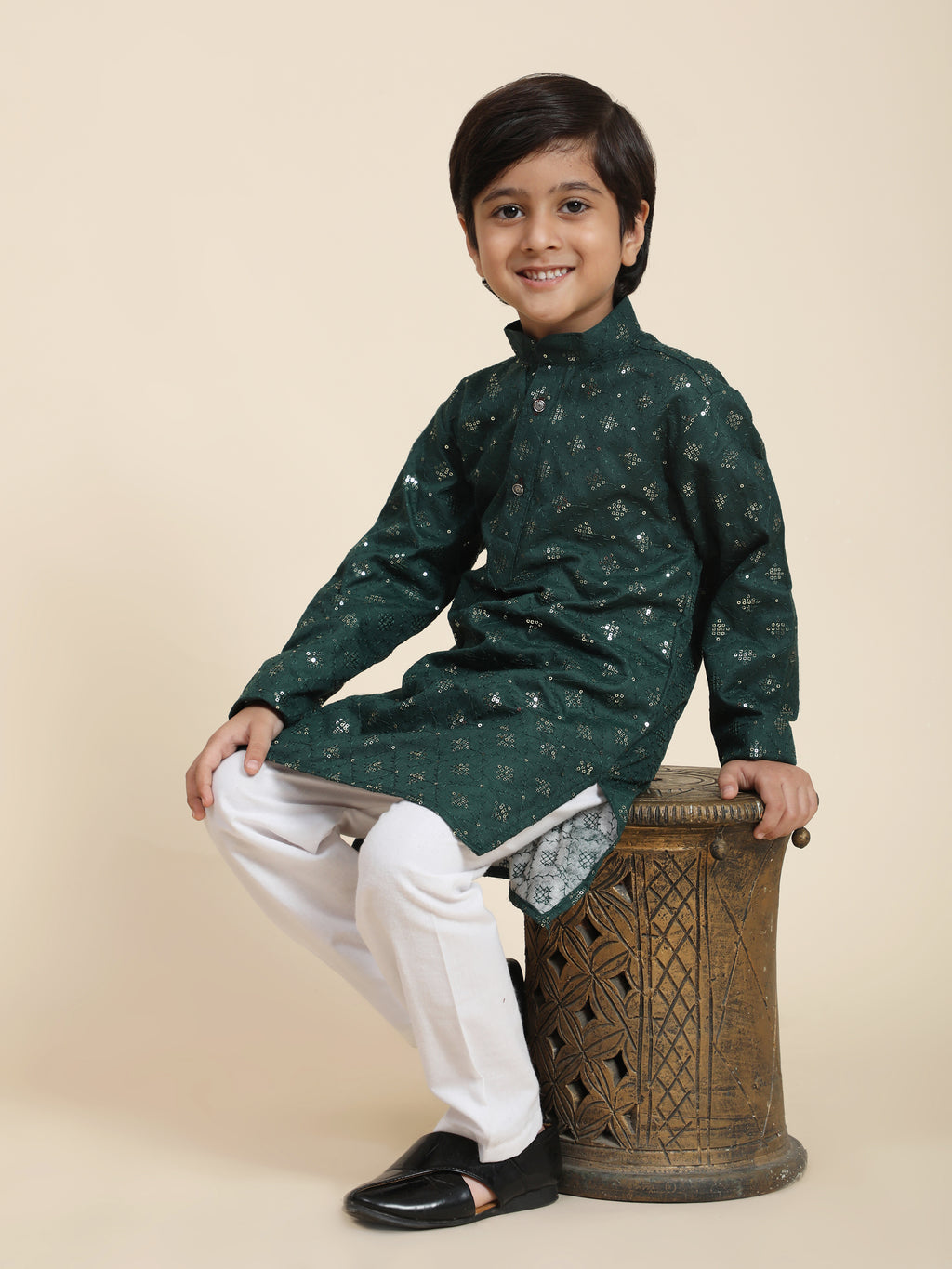 Pro-Ethic Style Developer Boys Cotton Kurta Pajama for Kid's Ethnic Wear | Jacquard Cotton Kurta Pajama (Dark Green)