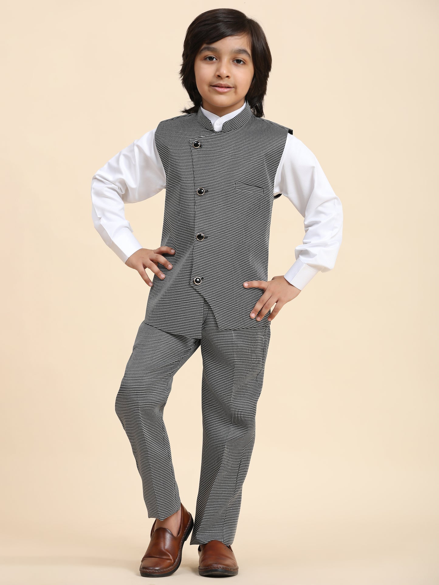 Pro-Ethic Style Developer Boy's 3 Piece Black Suit Set Cotton Checked Pattern (T-136)