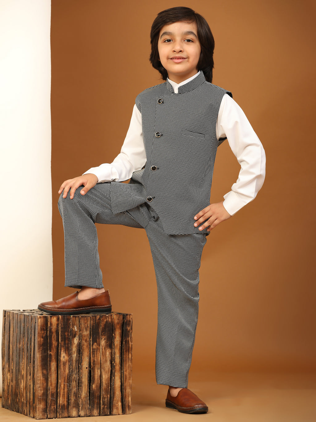 Pro-Ethic Style Developer Boy's 3 Piece Black Suit Set Cotton Checked Pattern (T-136)