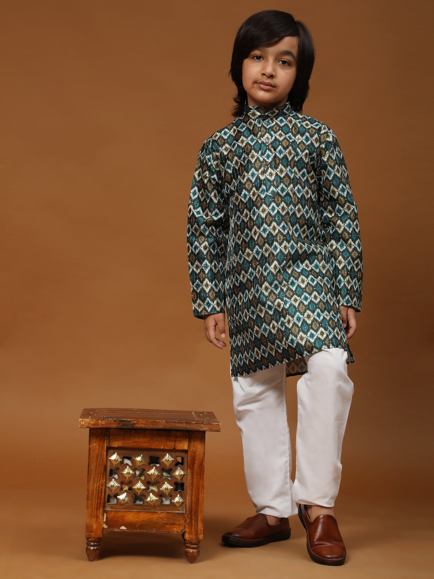 Pro-Ethic Style Developer Boys Silk Kurta Pajama for Kid's Ethnic Wear | Jacquard Silk Kurta Pajama (S-235) Firozi