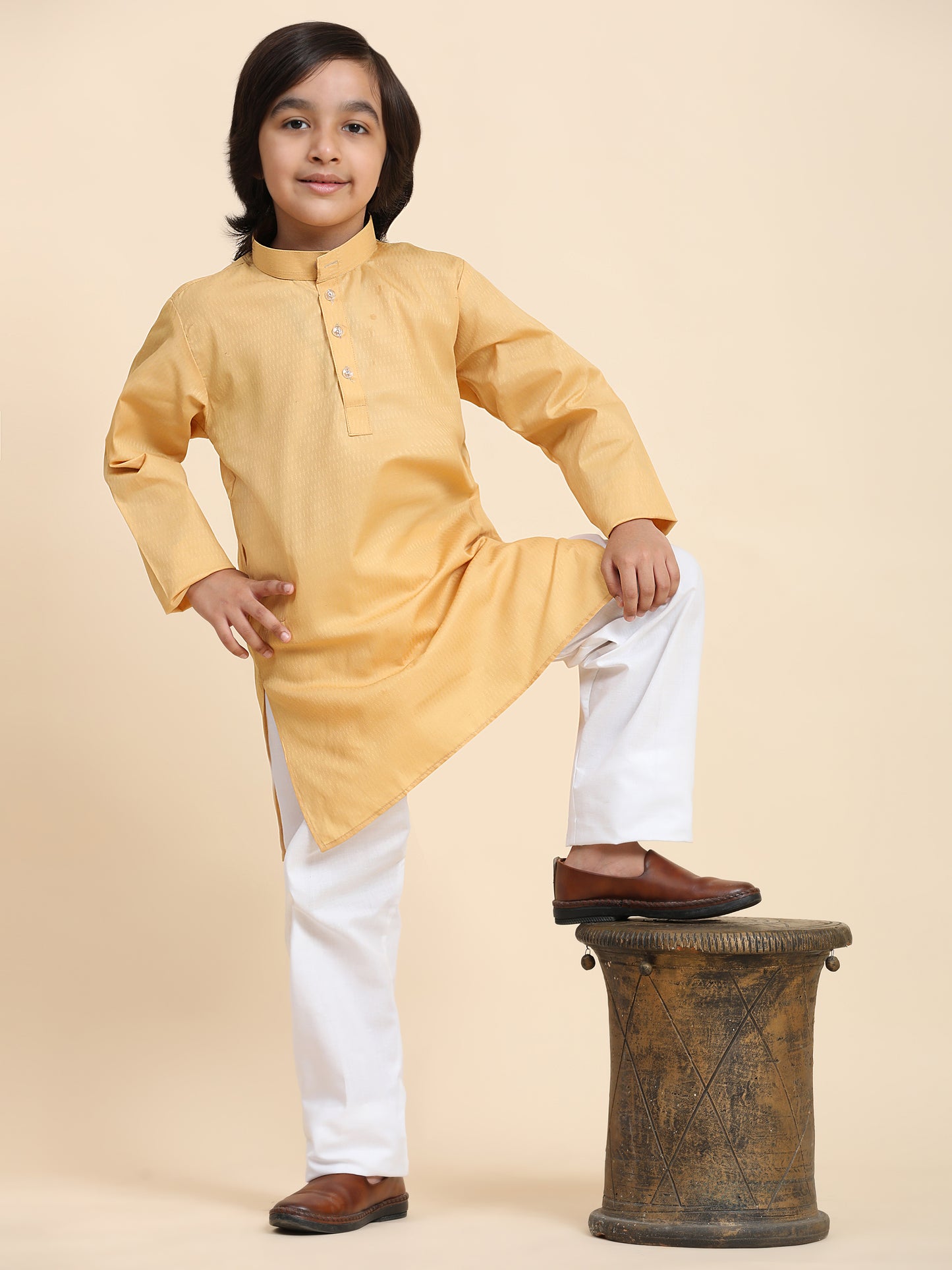 Pro-Ethic Style Developer Boy's Cotton Self Design Kurta Pyjama for Kids Ethnic Wear (S-241) Beige