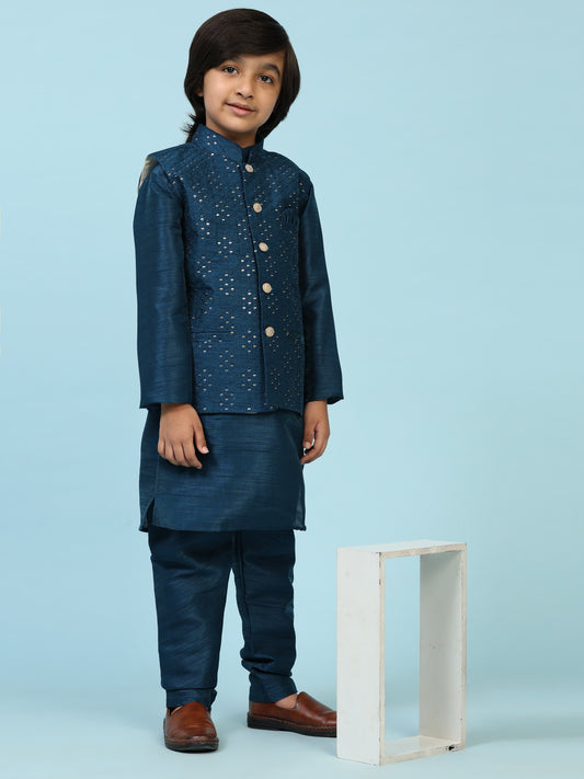 Pro-Ethic Style Developer Navy Blue Kurta Pajama for Kids Boys with Waistcoat | Silk | Floral | Traditional Dress (S-240)