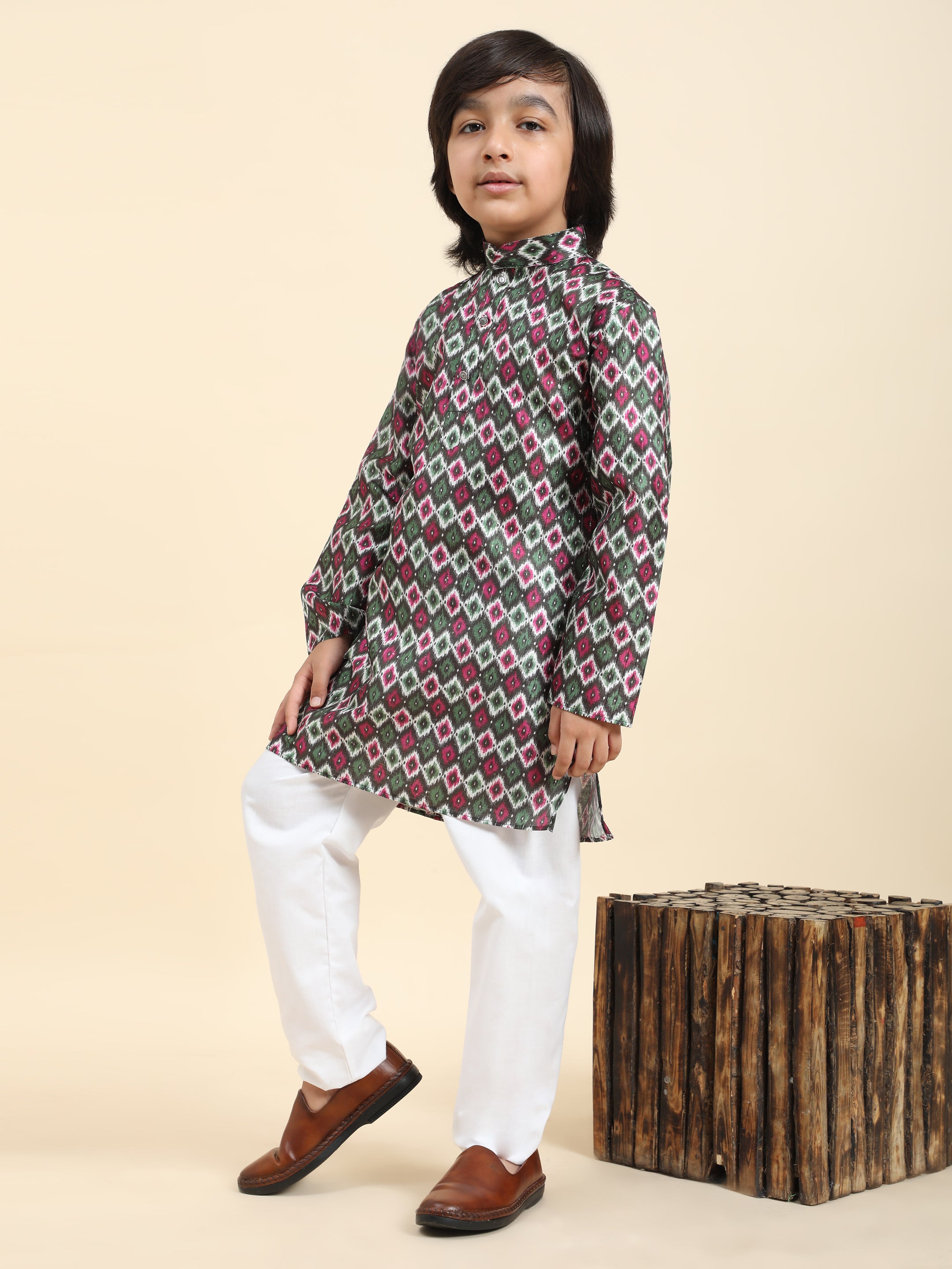Pro-Ethic Style Developer Boys Silk Kurta Pajama for Kid's Ethnic Wear | Jacquard Silk Kurta Pajama (S-235) Green