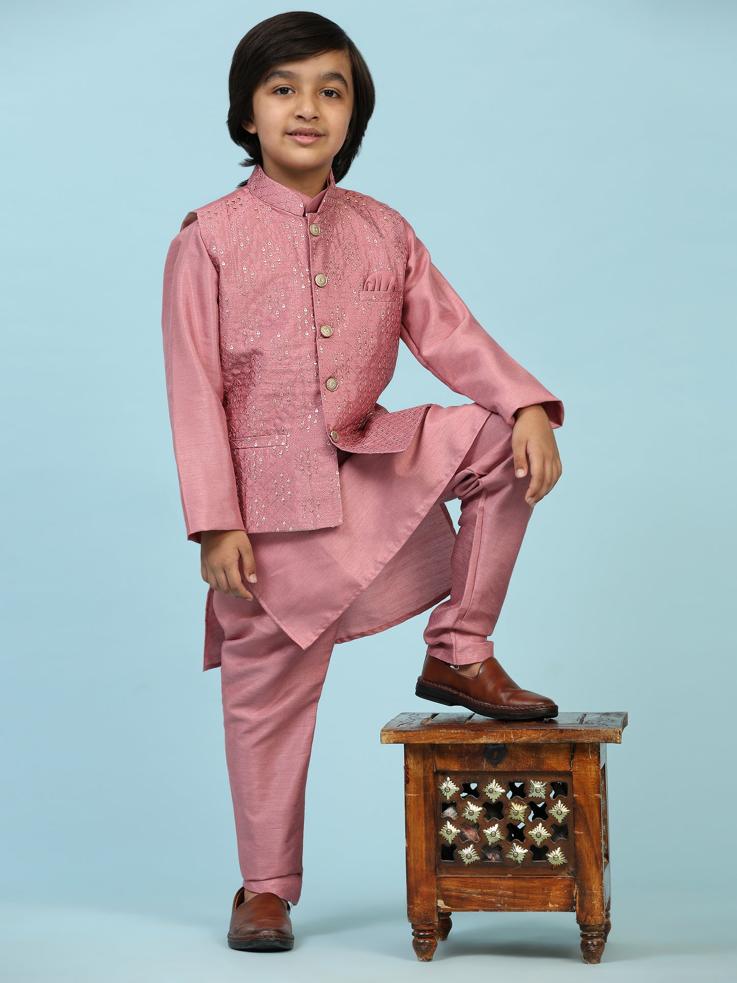 Pro-Ethic Style Developer Pink Kurta Pajama for Kids Boys with Waistcoat | Silk | Floral | Traditional Dress (S-240)