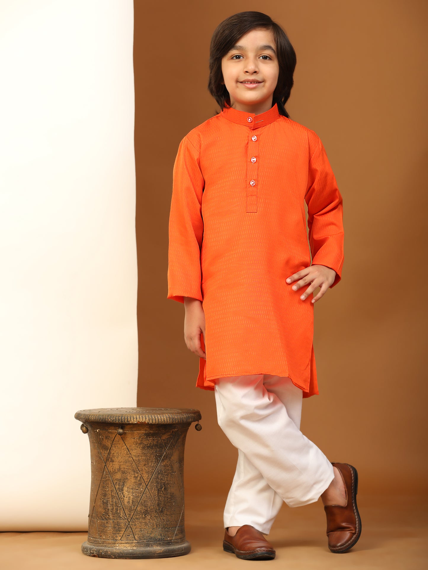 Pro-Ethic Style Developer Dark Orange Boy's Cotton Self Design Kurta Pyjama for Kids Ethnic Wear (S-241)