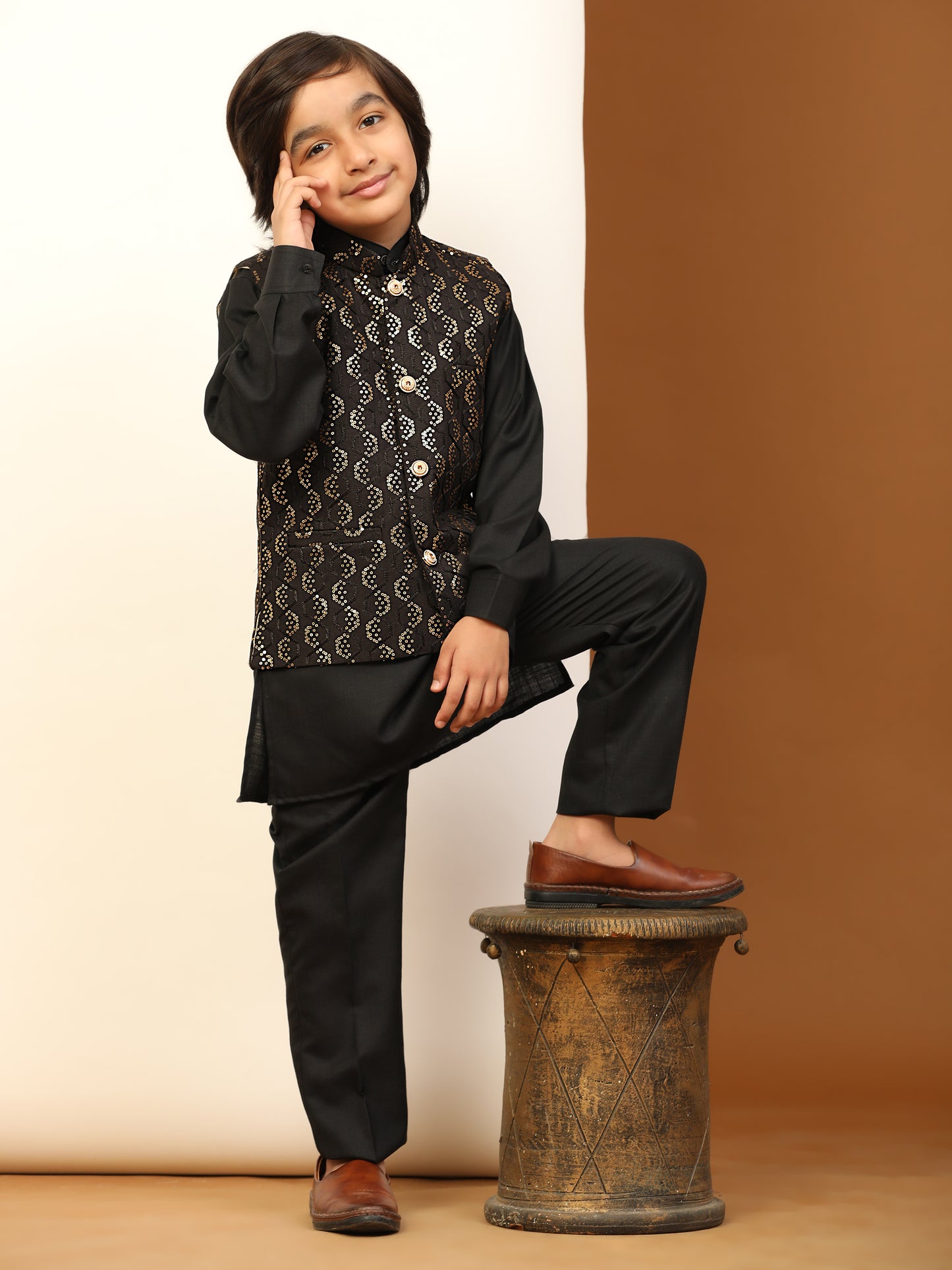 Pro-Ethic Style Developer Boys Cotton Kurta Pajama with Waistcoat for Kid's Ethnic Wear (S-242) Black