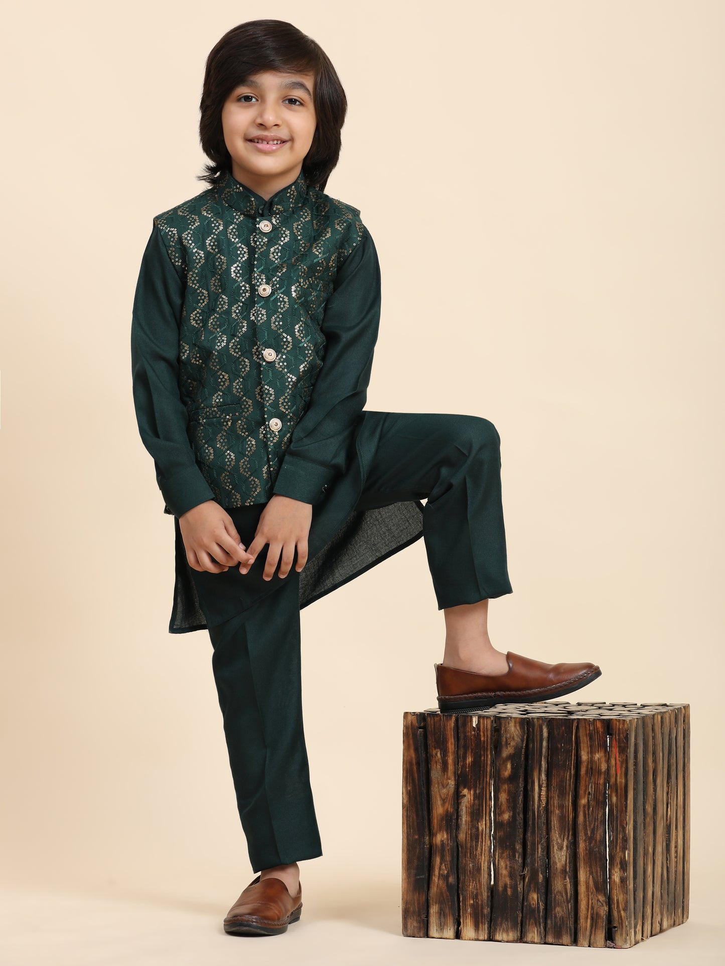 Pro-Ethic Style Developer Boys Cotton Kurta Pajama with Waistcoat for Kid's Ethnic Wear (S-242) Dark Green