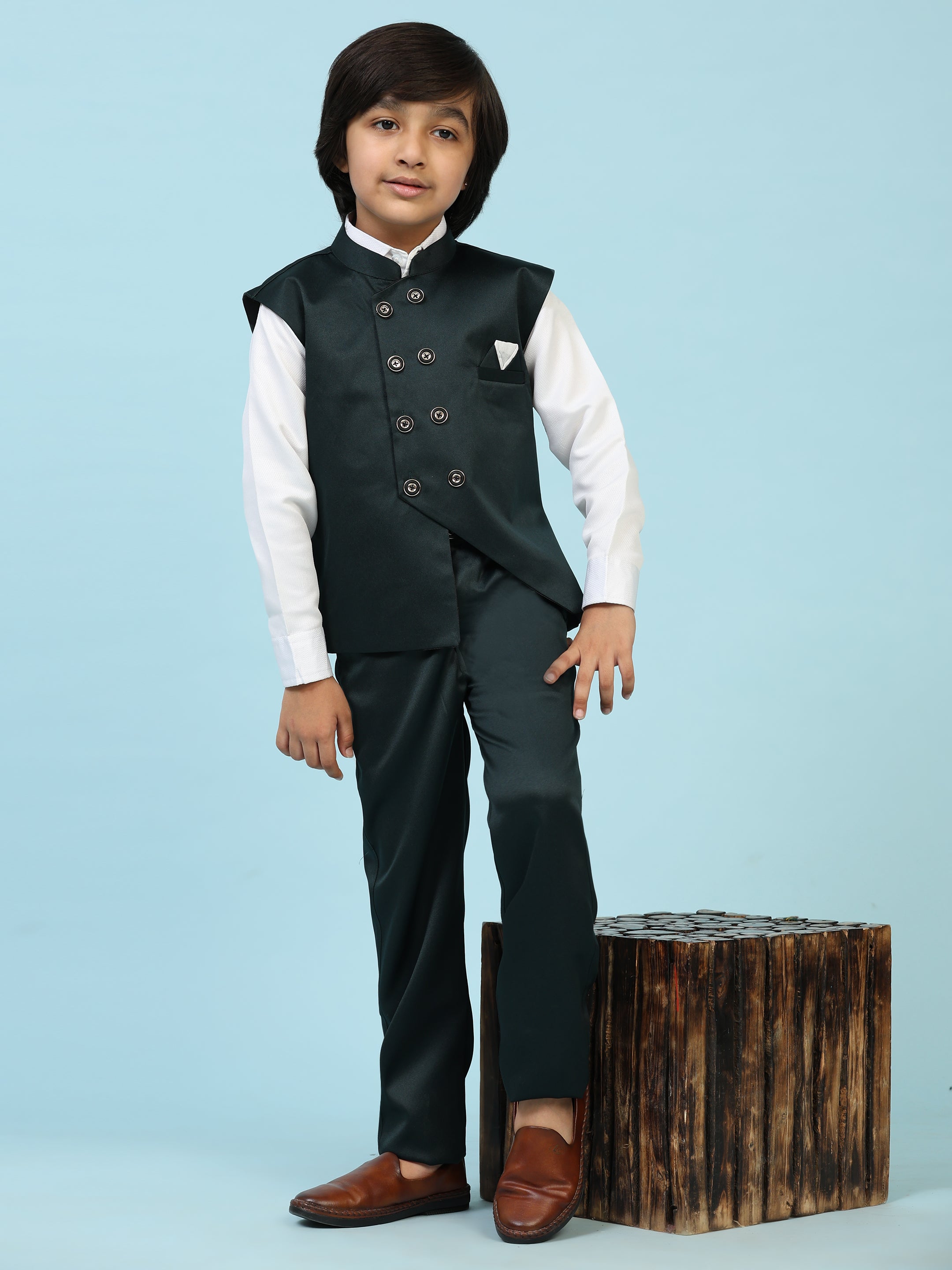 Pro-Ethic Style Developer Boy's Dark Green 3 Piece Suit Set for Kids Cotton Plain Pattern