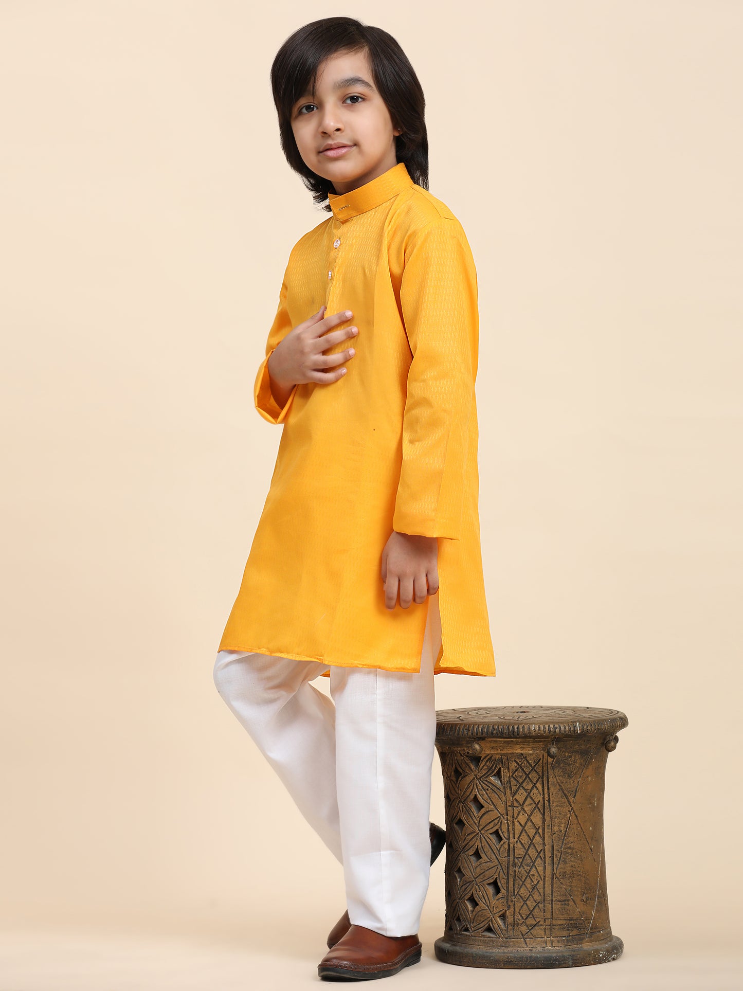 Pro-Ethic Style Developer Yellow Boy's Cotton Self Design Kurta Pyjama for Kids Ethnic Wear (S-241)