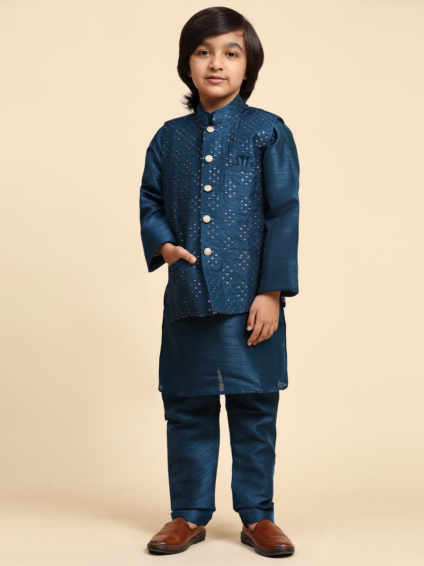 Pro-Ethic Style Developer Navy Blue Kurta Pajama for Kids Boys with Waistcoat | Silk | Floral | Traditional Dress (S-240)