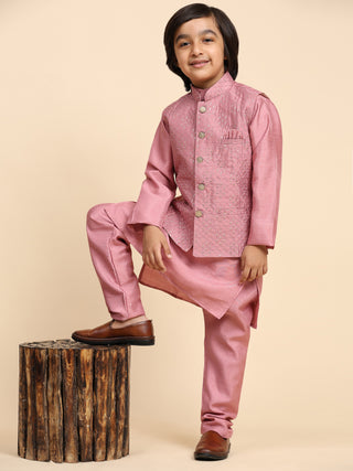 Pro-Ethic Style Developer Pink Kurta Pajama for Kids Boys with Waistcoat | Silk | Floral | Traditional Dress (S-240)