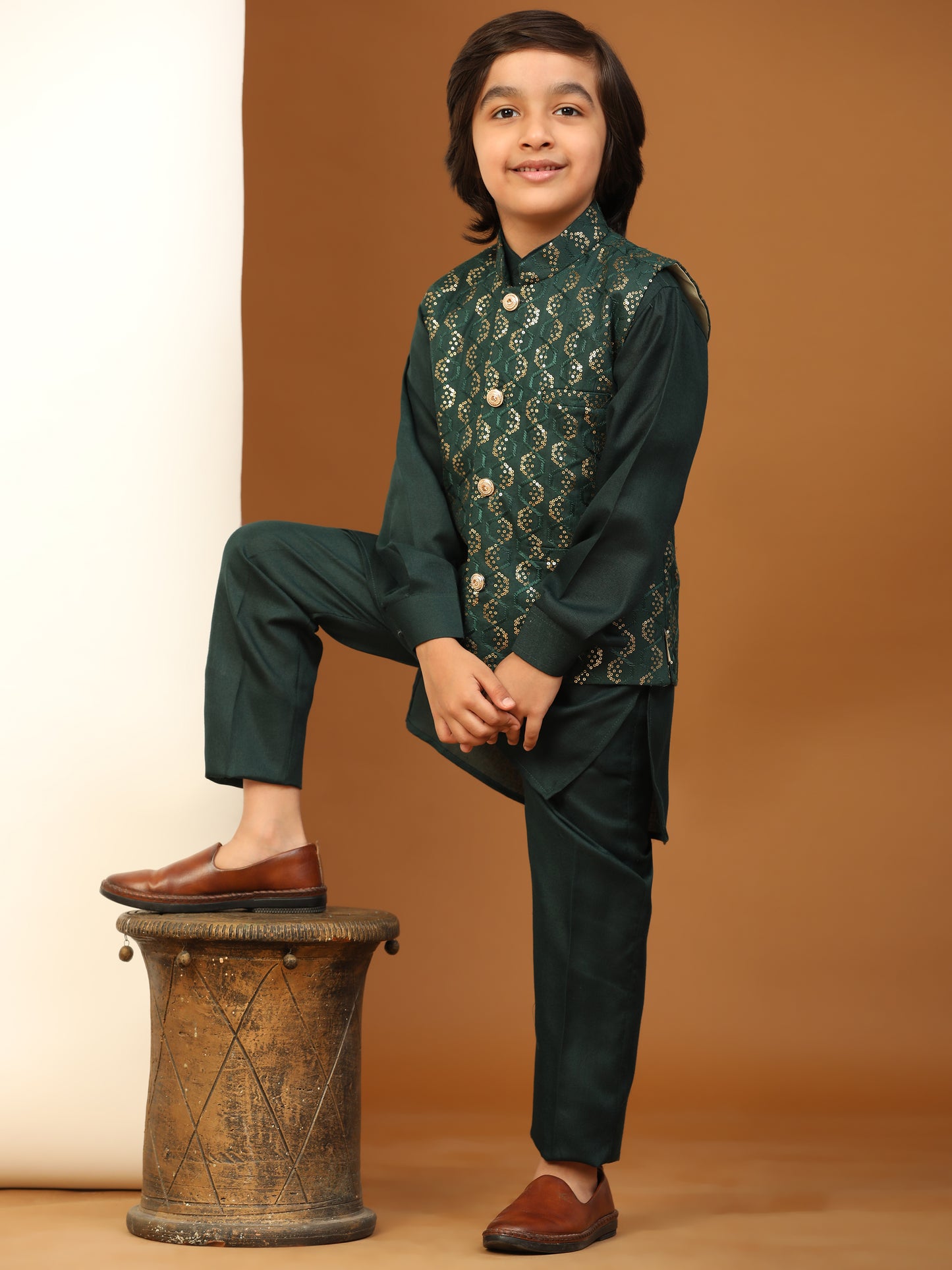 Pro-Ethic Style Developer Boys Cotton Kurta Pajama with Waistcoat for Kid's Ethnic Wear (S-242) Dark Green