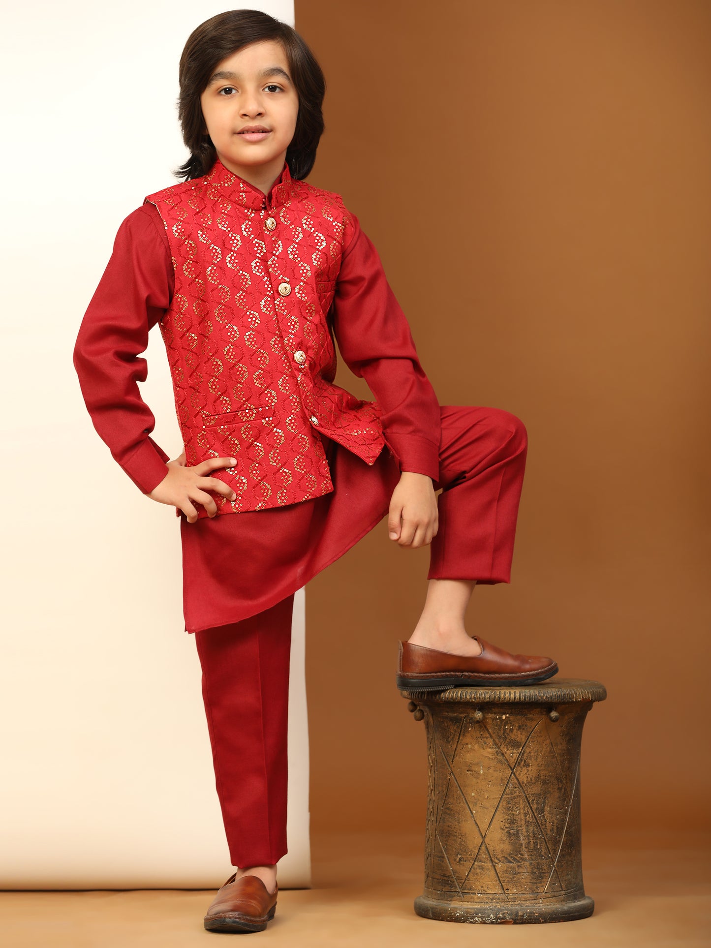 Pro-Ethic Style Developer Boys Cotton Kurta Pajama with Waistcoat for Kid's Ethnic Wear (S-242) Maroon