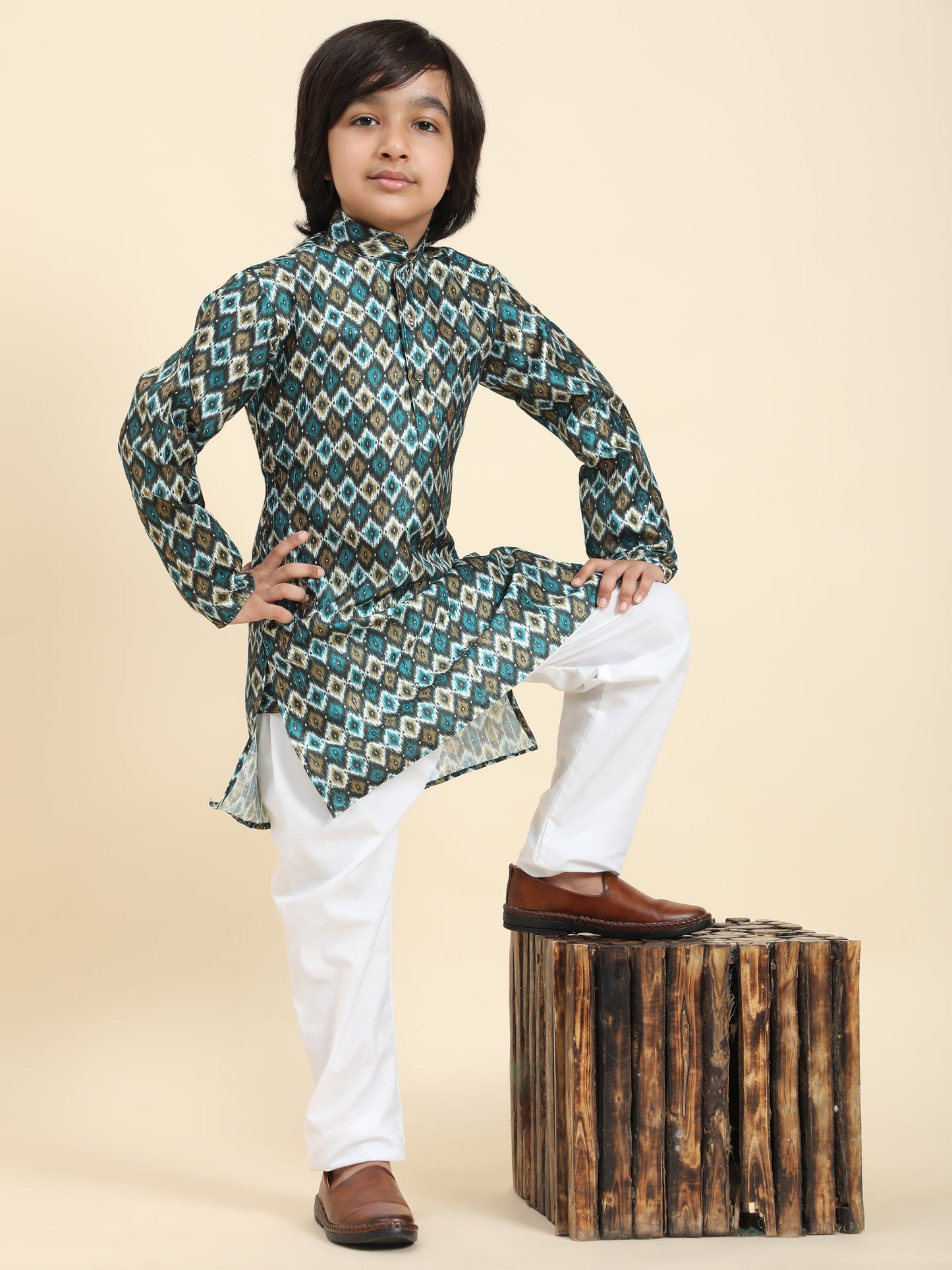 Pro-Ethic Style Developer Boys Silk Kurta Pajama for Kid's Ethnic Wear | Jacquard Silk Kurta Pajama (S-235) Firozi