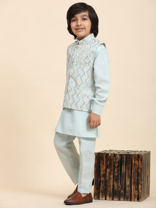 Pro-Ethic Style Developer Boys Cotton Kurta Pajama with Waistcoat for Kid's Ethnic Wear (S-242) Light Blue