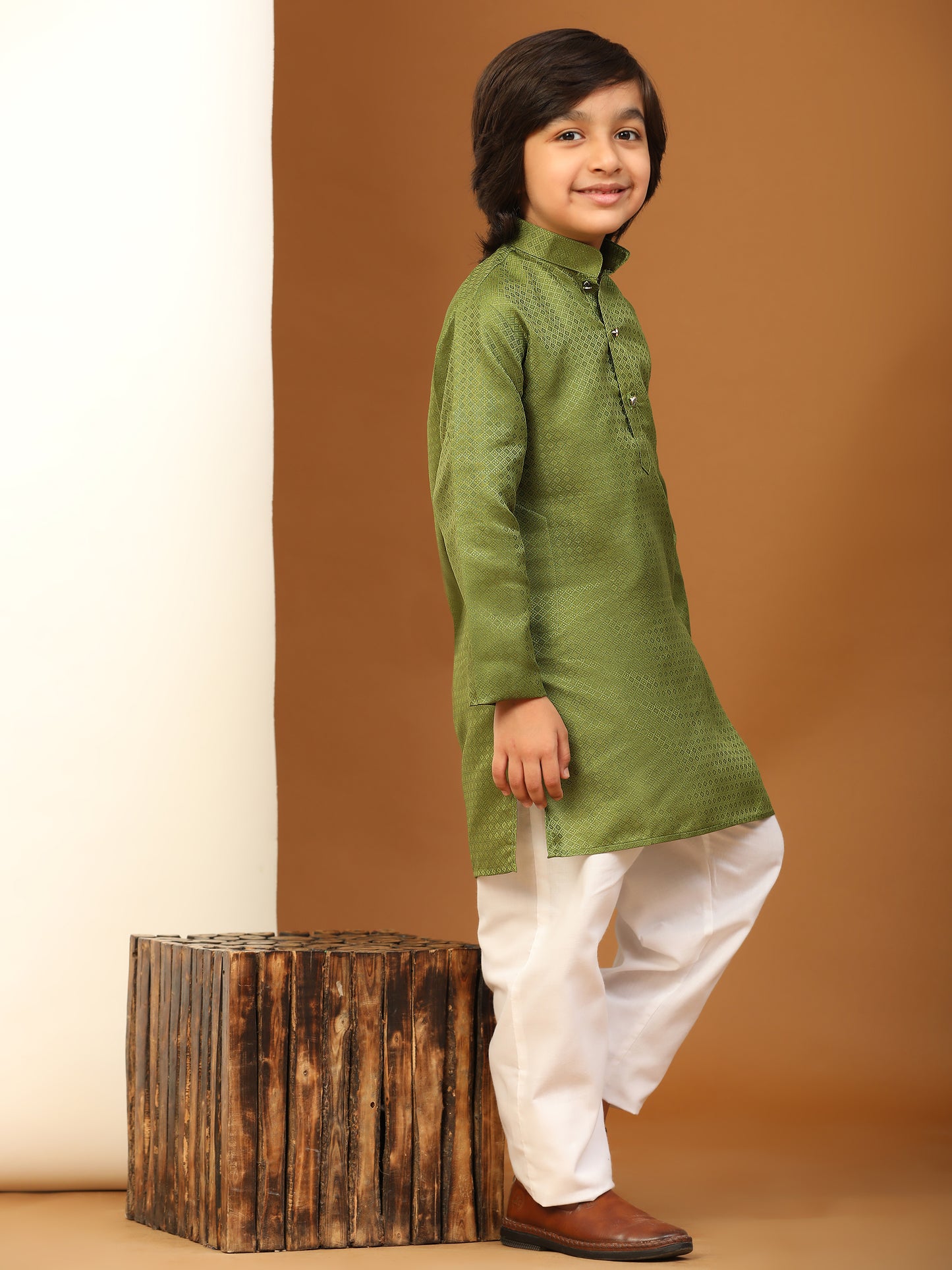 Pro-Ethic Style Developer Boys Green Cotton Kurta Pajama for Kid's Ethnic Wear (S-245)