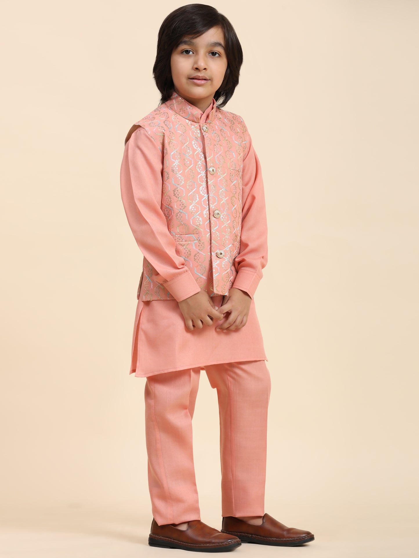 Pro-Ethic Style Developer Boys Cotton Kurta Pajama with Waistcoat for Kid's Ethnic Wear (S-242) Pink