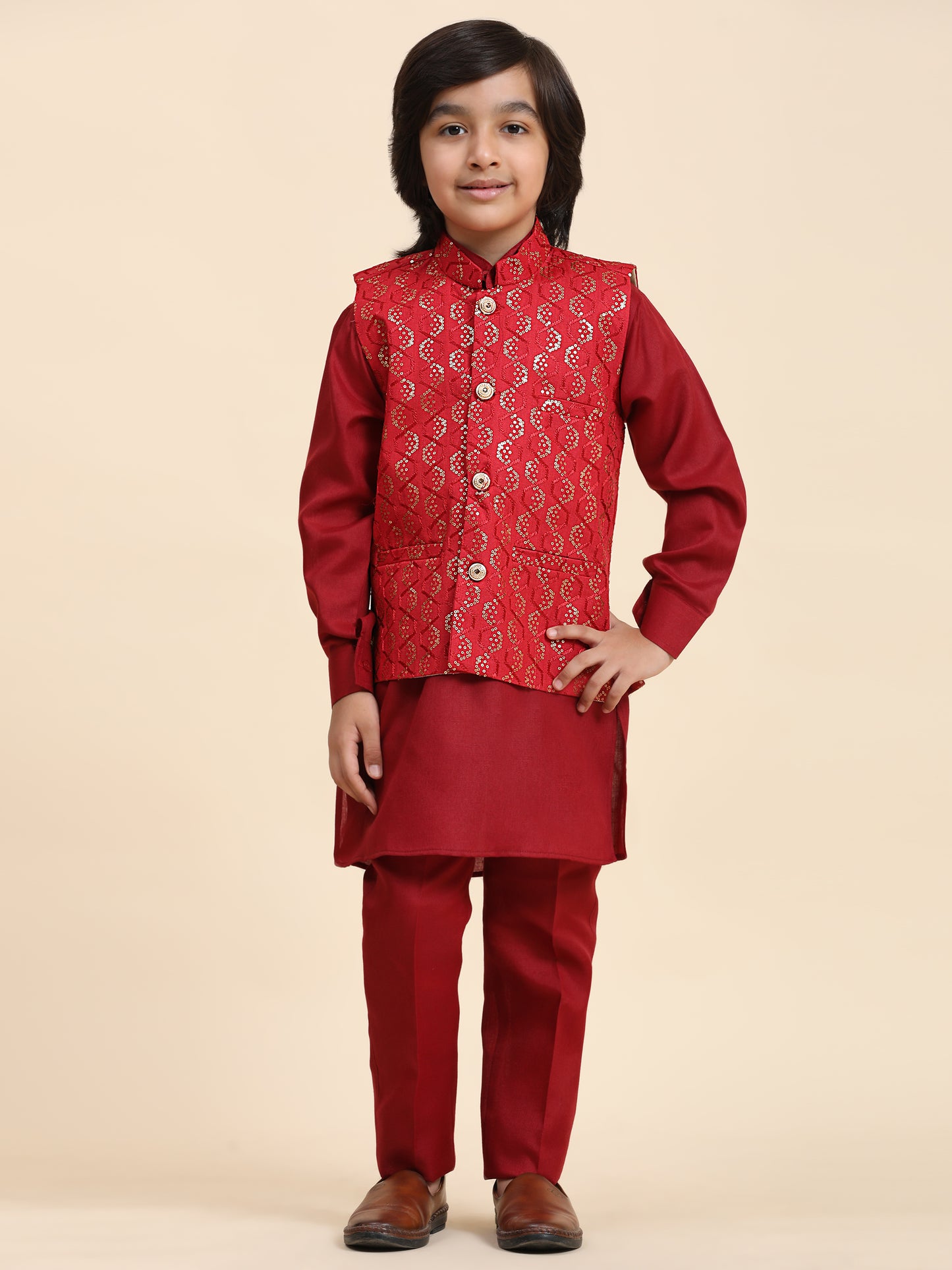 Pro-Ethic Style Developer Boys Cotton Kurta Pajama with Waistcoat for Kid's Ethnic Wear (S-242) Maroon