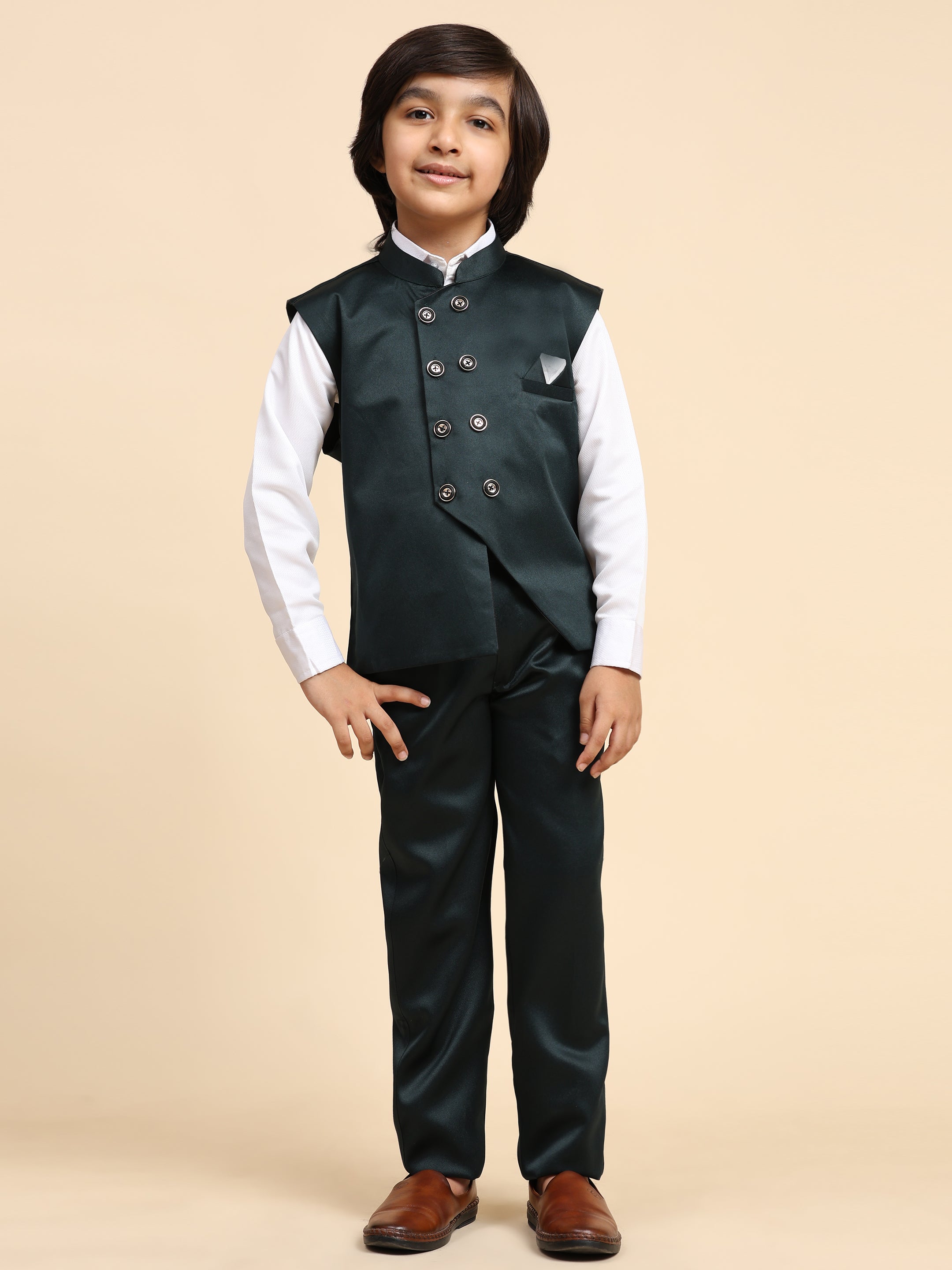 Pro-Ethic Style Developer Boy's Dark Green 3 Piece Suit Set for Kids Cotton Plain Pattern