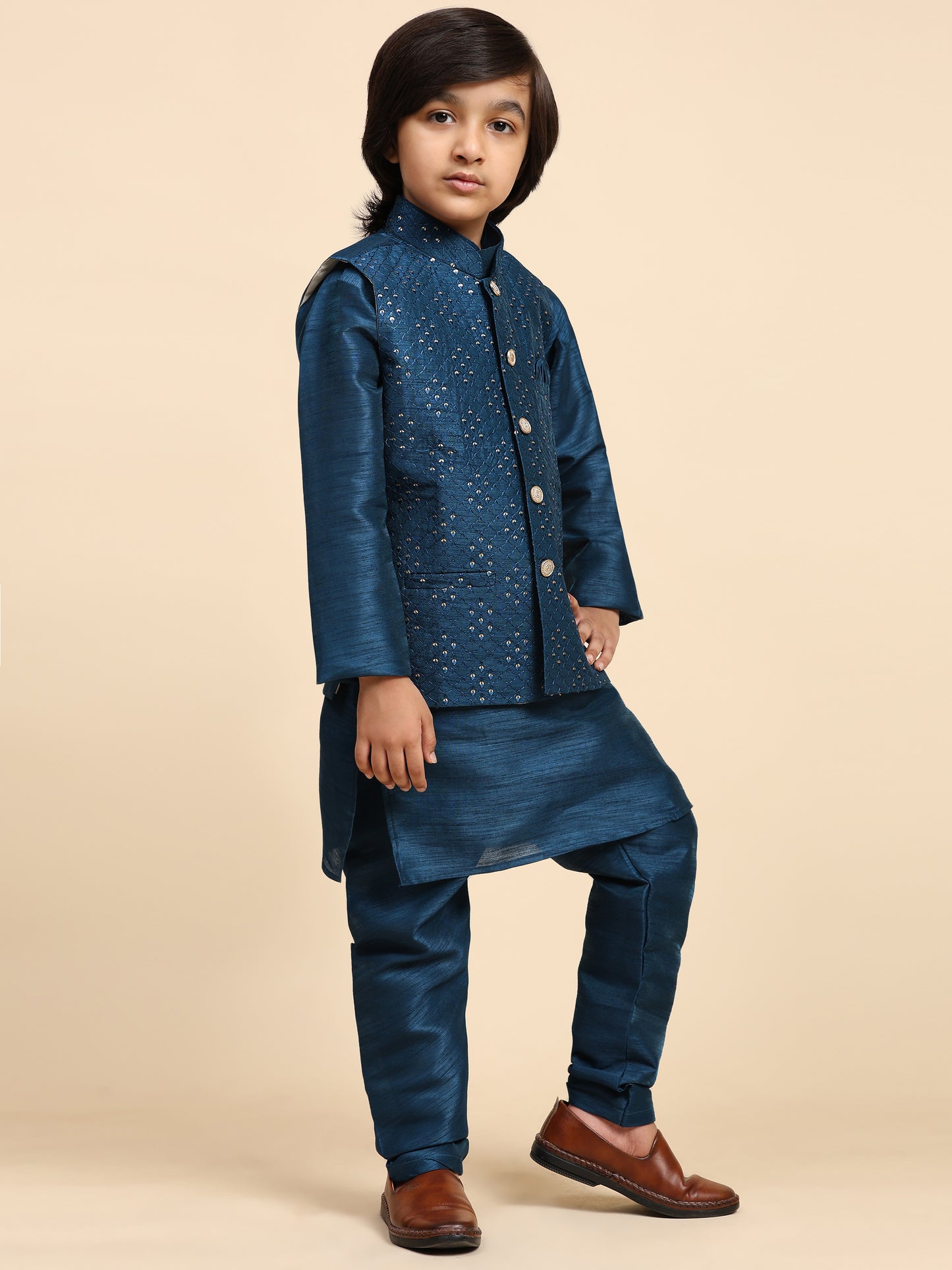 Pro-Ethic Style Developer Navy Blue Kurta Pajama for Kids Boys with Waistcoat | Silk | Floral | Traditional Dress (S-240)