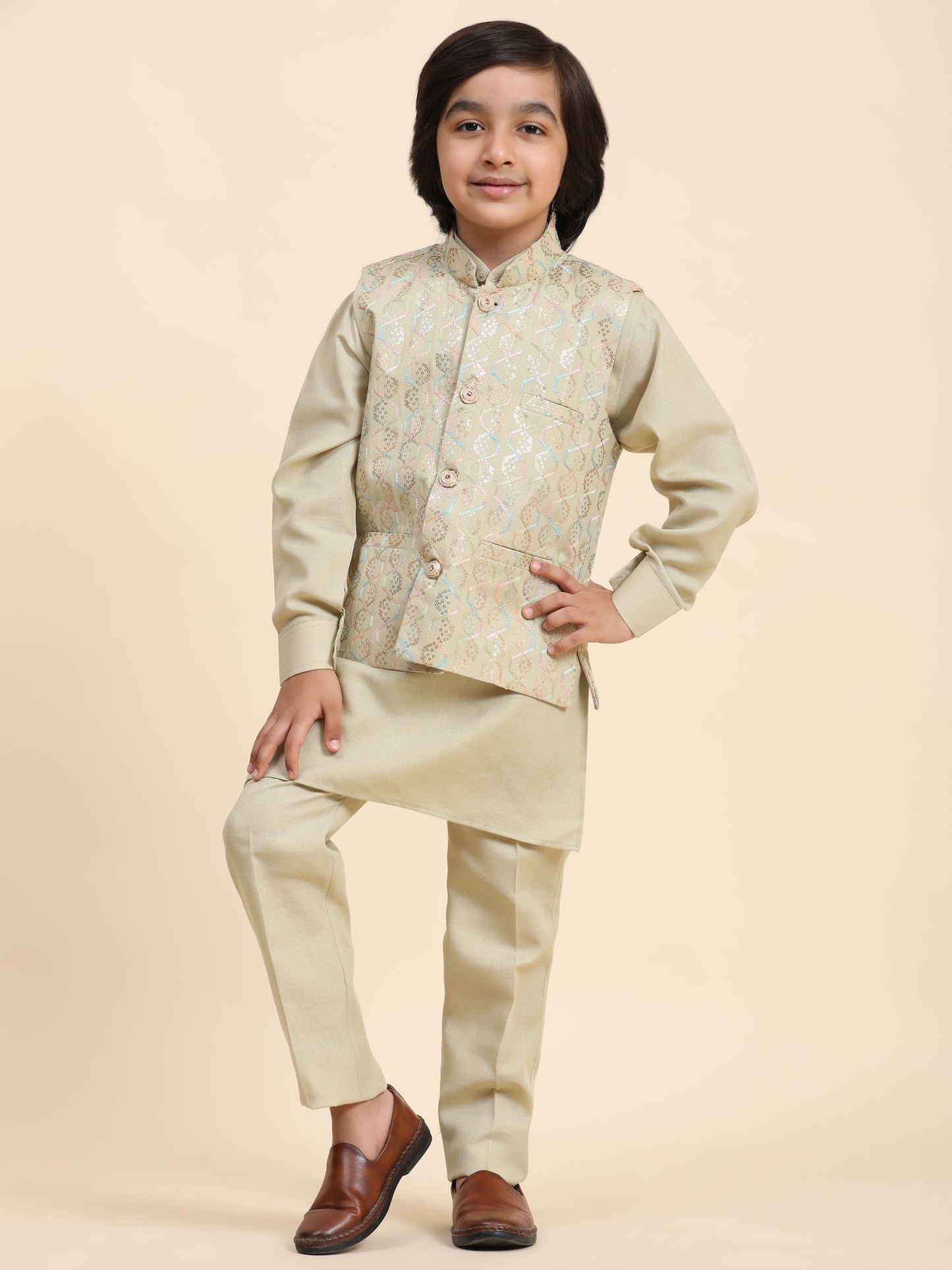 Pro-Ethic Style Developer Boys Cotton Kurta Pajama with Waistcoat for Kid's Ethnic Wear (S-242) Fon