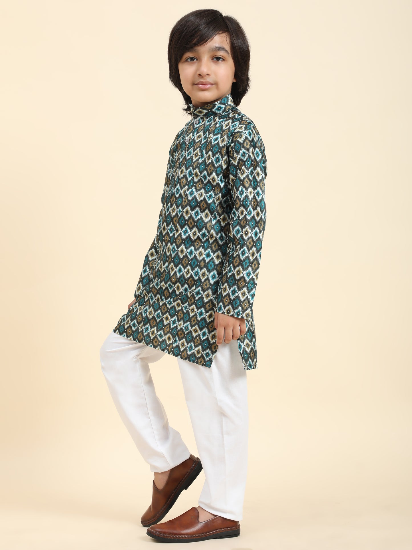 Pro-Ethic Style Developer Boys Silk Kurta Pajama for Kid's Ethnic Wear | Jacquard Silk Kurta Pajama (S-235) Firozi