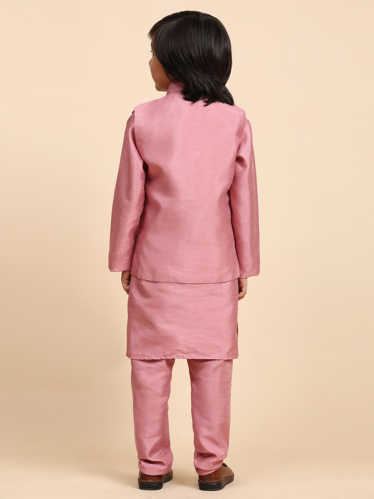 Pro-Ethic Style Developer Pink Kurta Pajama for Kids Boys with Waistcoat | Silk | Floral | Traditional Dress (S-240)