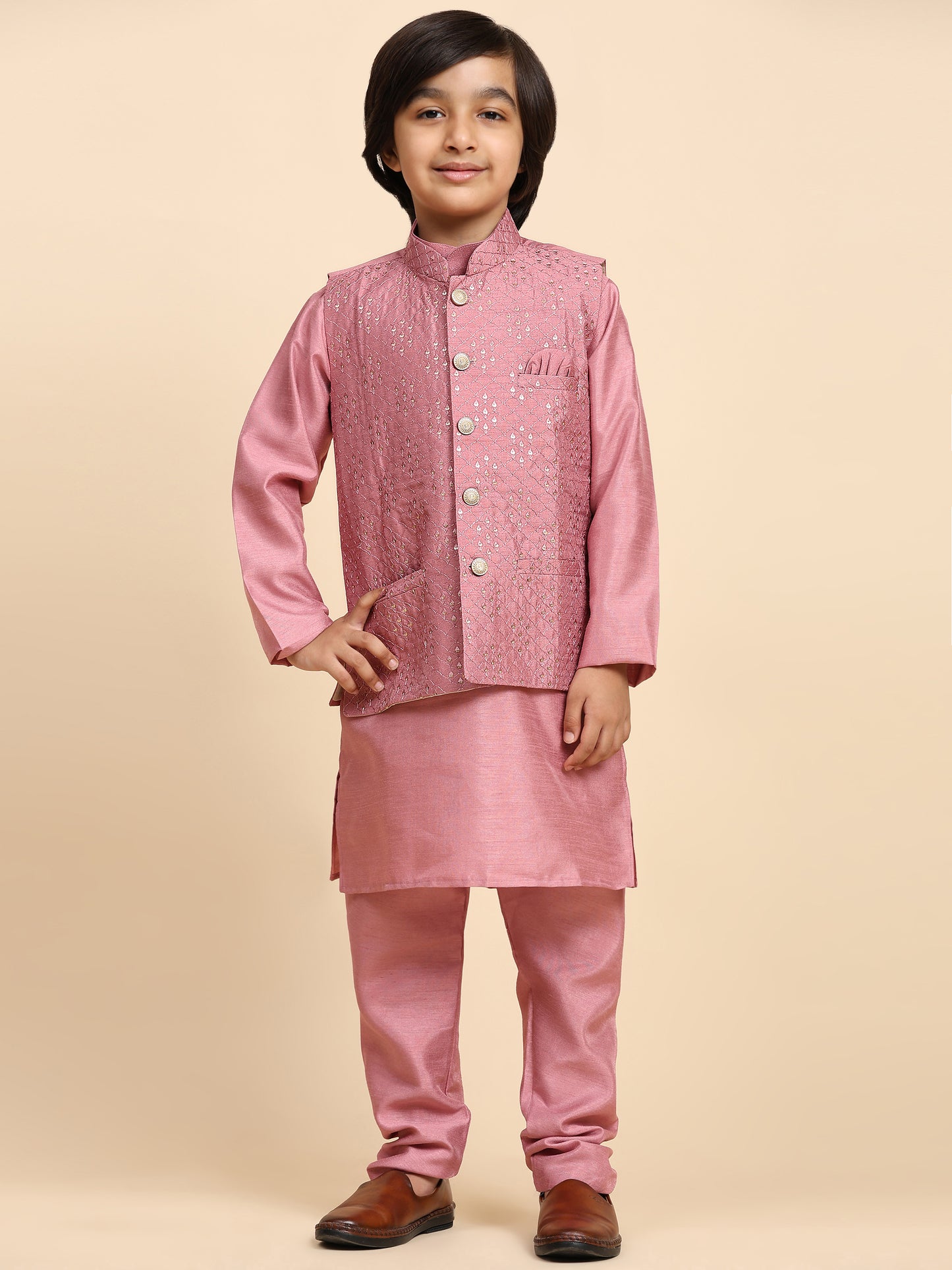 Pro-Ethic Style Developer Pink Kurta Pajama for Kids Boys with Waistcoat | Silk | Floral | Traditional Dress (S-240)