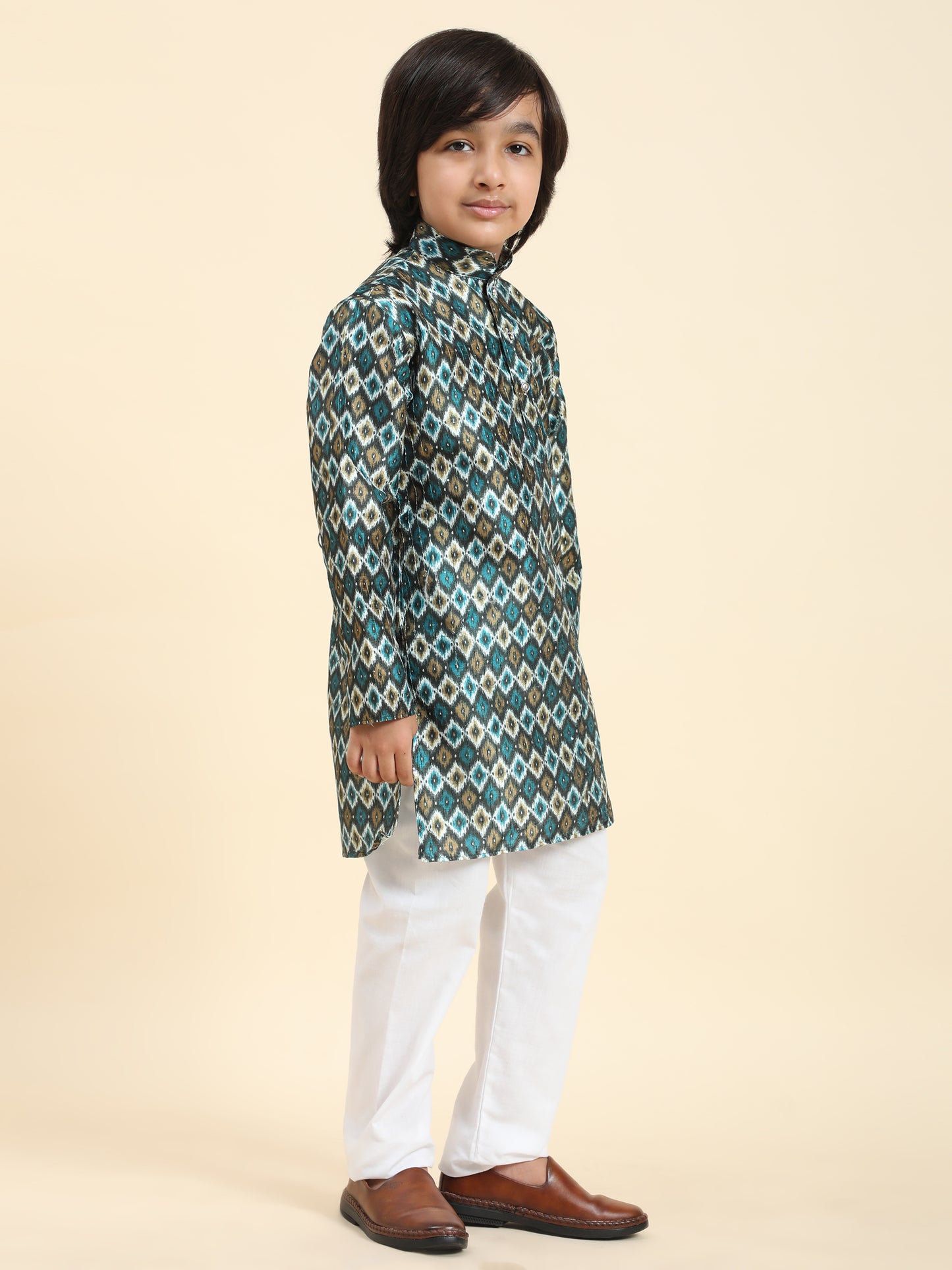 Pro-Ethic Style Developer Boys Silk Kurta Pajama for Kid's Ethnic Wear | Jacquard Silk Kurta Pajama (S-235) Firozi