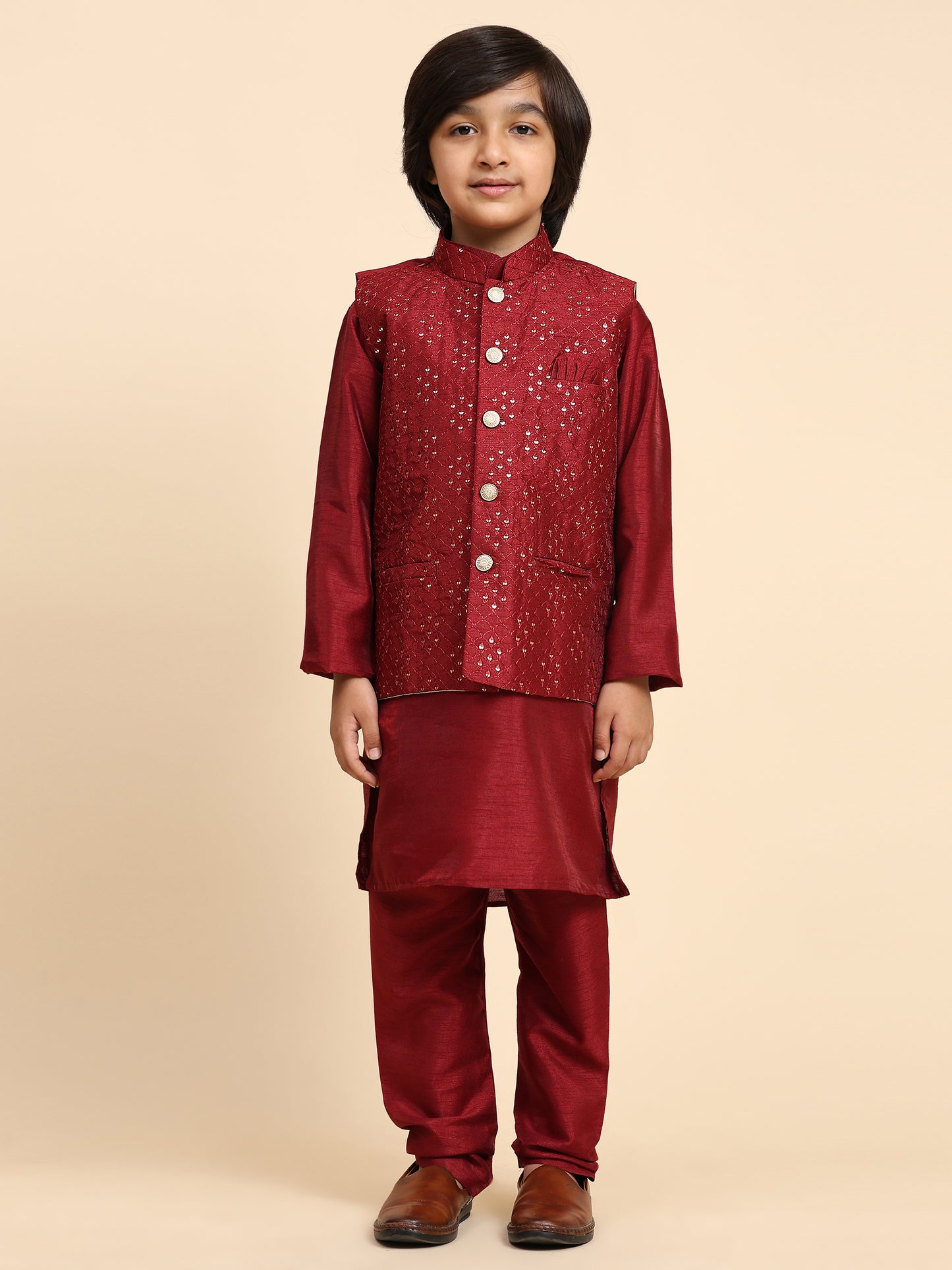 Pro-Ethic Style Developer Kurta Pajama for Kids Boys with Waistcoat | Silk | Floral | Traditional Dress (S-240)