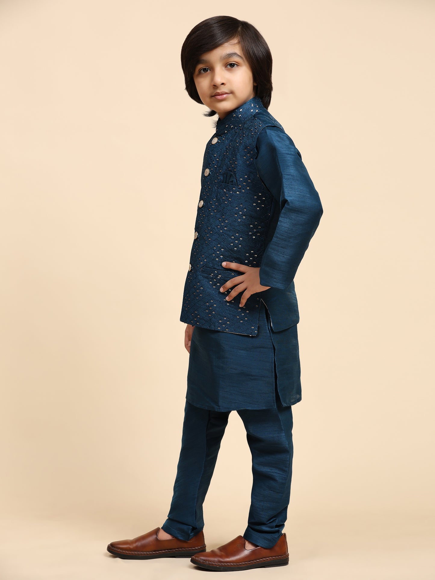 Pro-Ethic Style Developer Navy Blue Kurta Pajama for Kids Boys with Waistcoat | Silk | Floral | Traditional Dress (S-240)