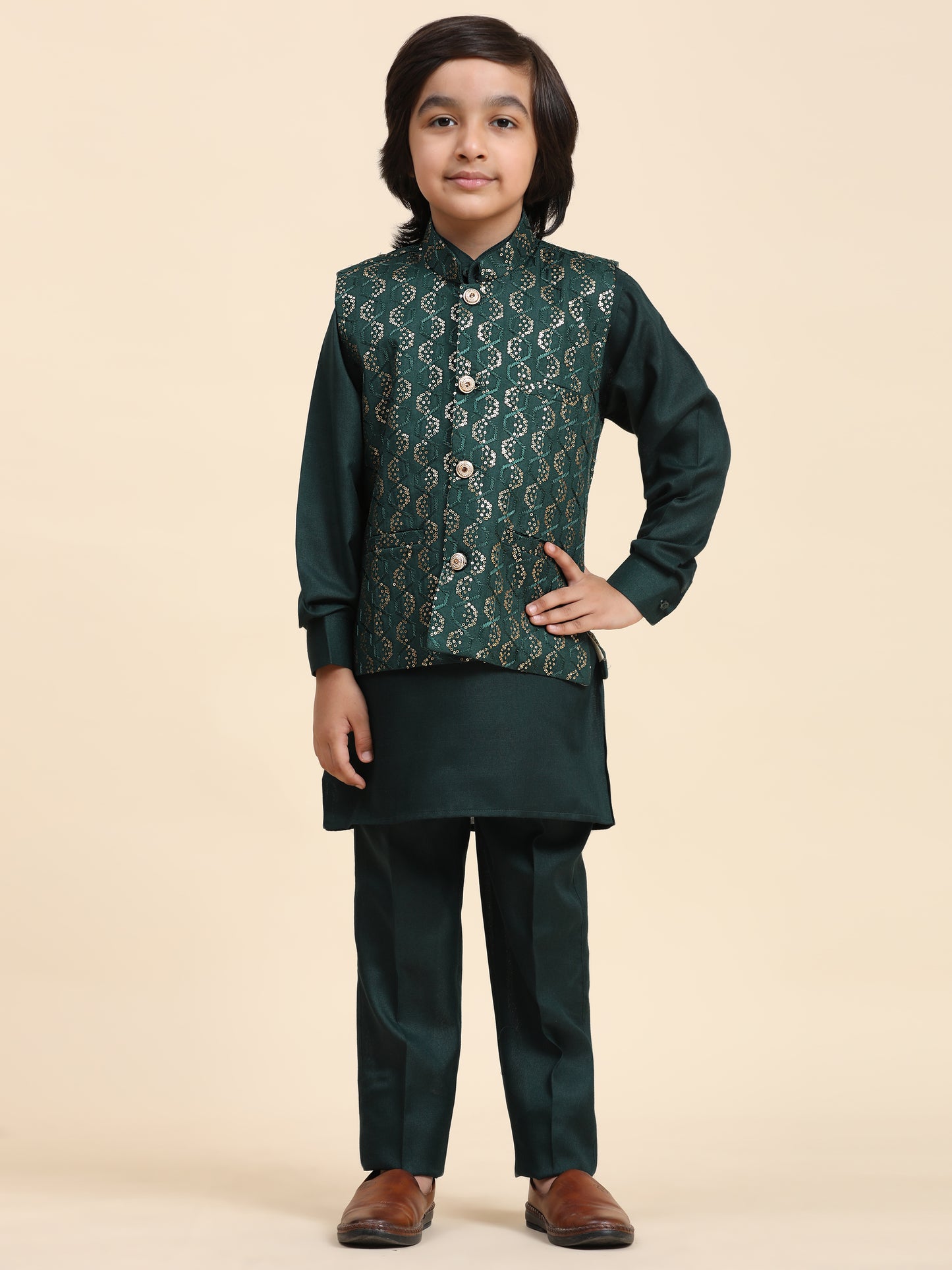 Pro-Ethic Style Developer Boys Cotton Kurta Pajama with Waistcoat for Kid's Ethnic Wear (S-242) Dark Green