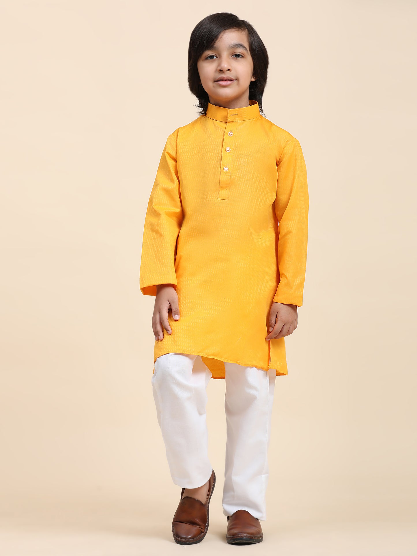 Pro-Ethic Style Developer Yellow Boy's Cotton Self Design Kurta Pyjama for Kids Ethnic Wear (S-241)