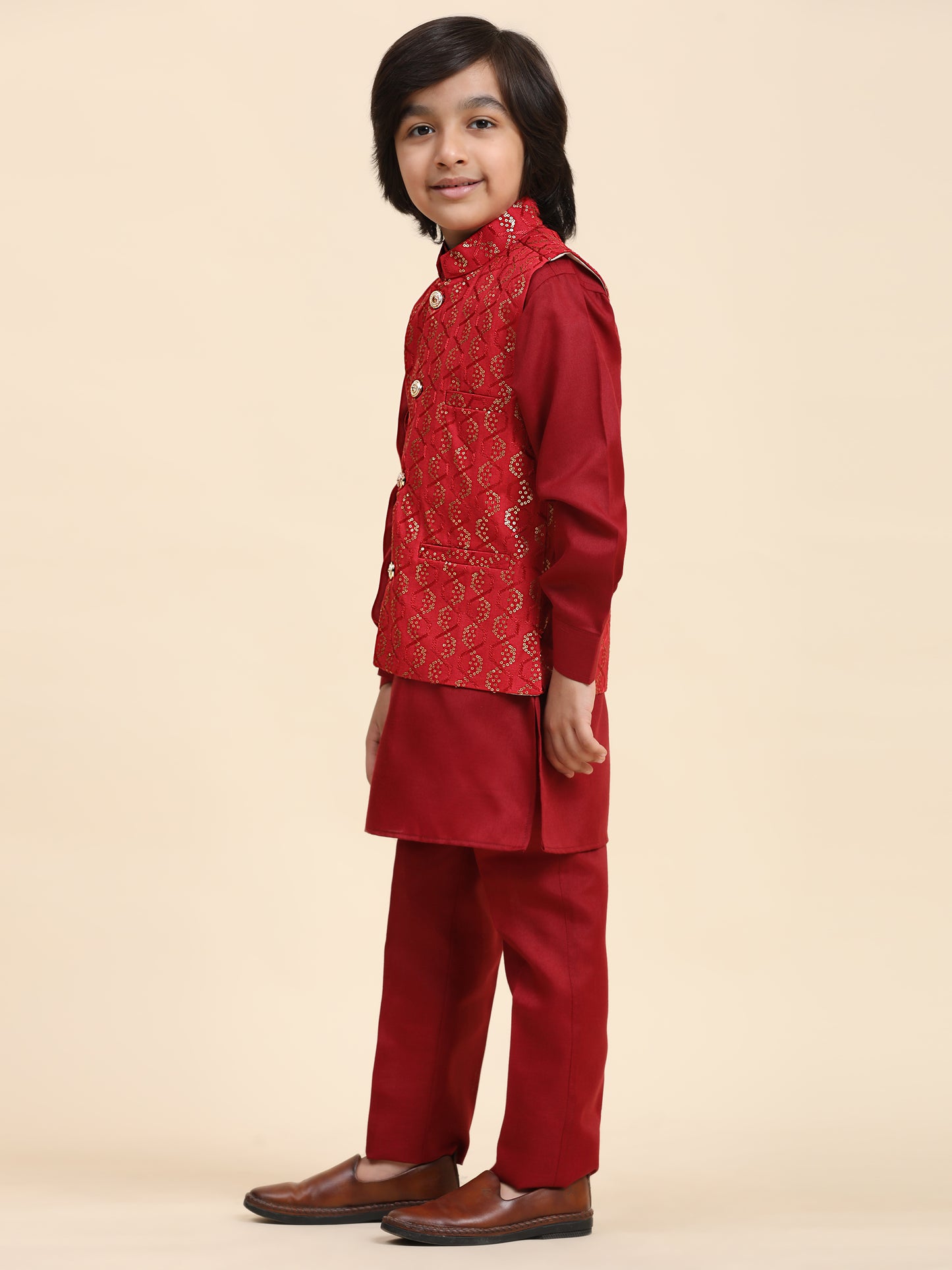 Pro-Ethic Style Developer Boys Cotton Kurta Pajama with Waistcoat for Kid's Ethnic Wear (S-242) Maroon