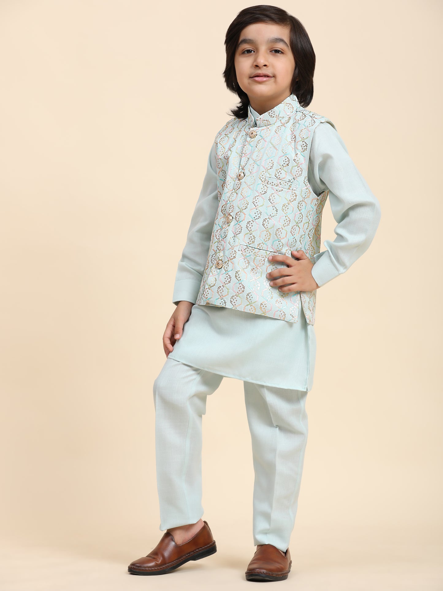 Pro-Ethic Style Developer Boys Cotton Kurta Pajama with Waistcoat for Kid's Ethnic Wear (S-242) Light Blue