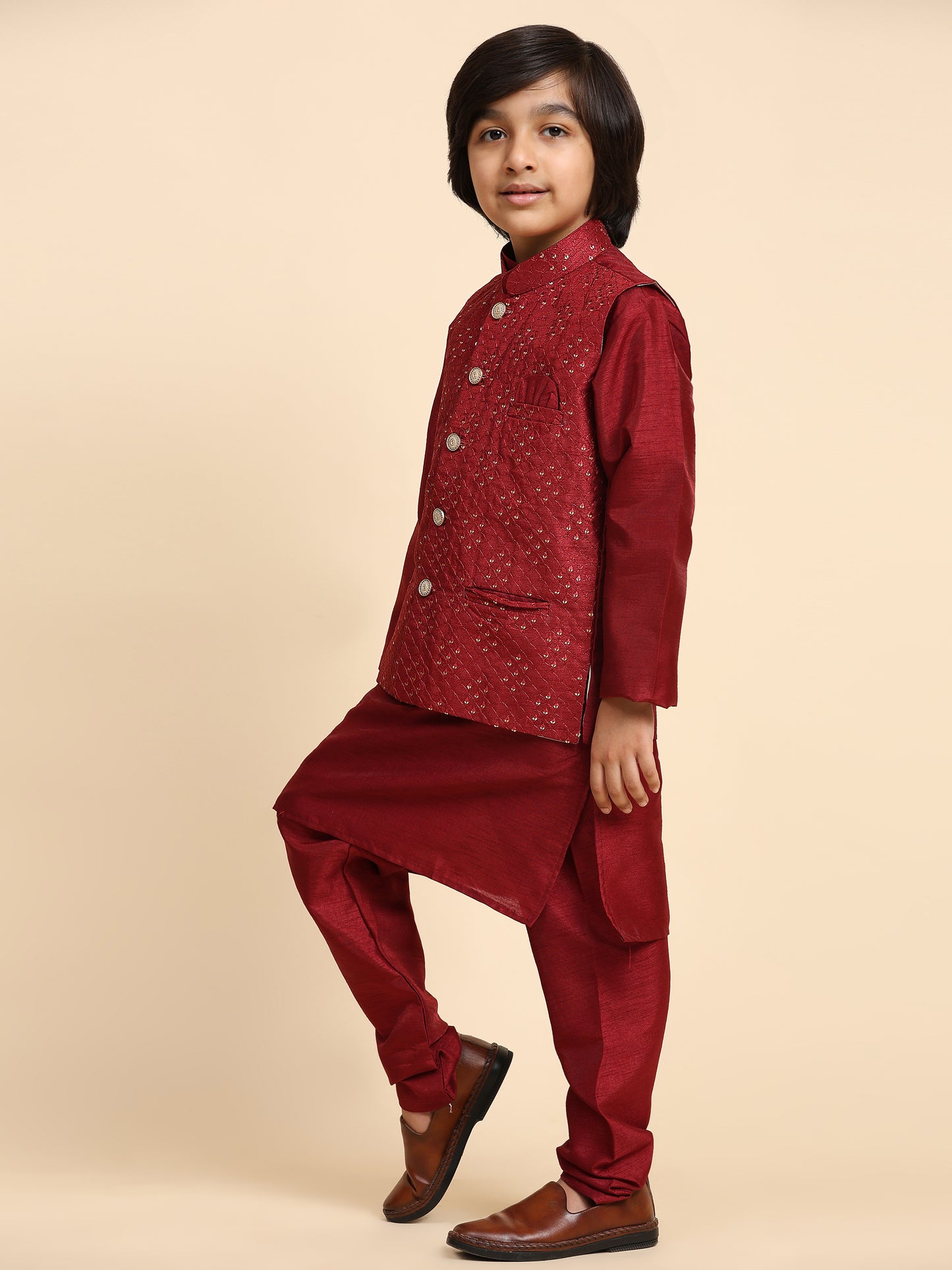 Pro-Ethic Style Developer Kurta Pajama for Kids Boys with Waistcoat | Silk | Floral | Traditional Dress (S-240)